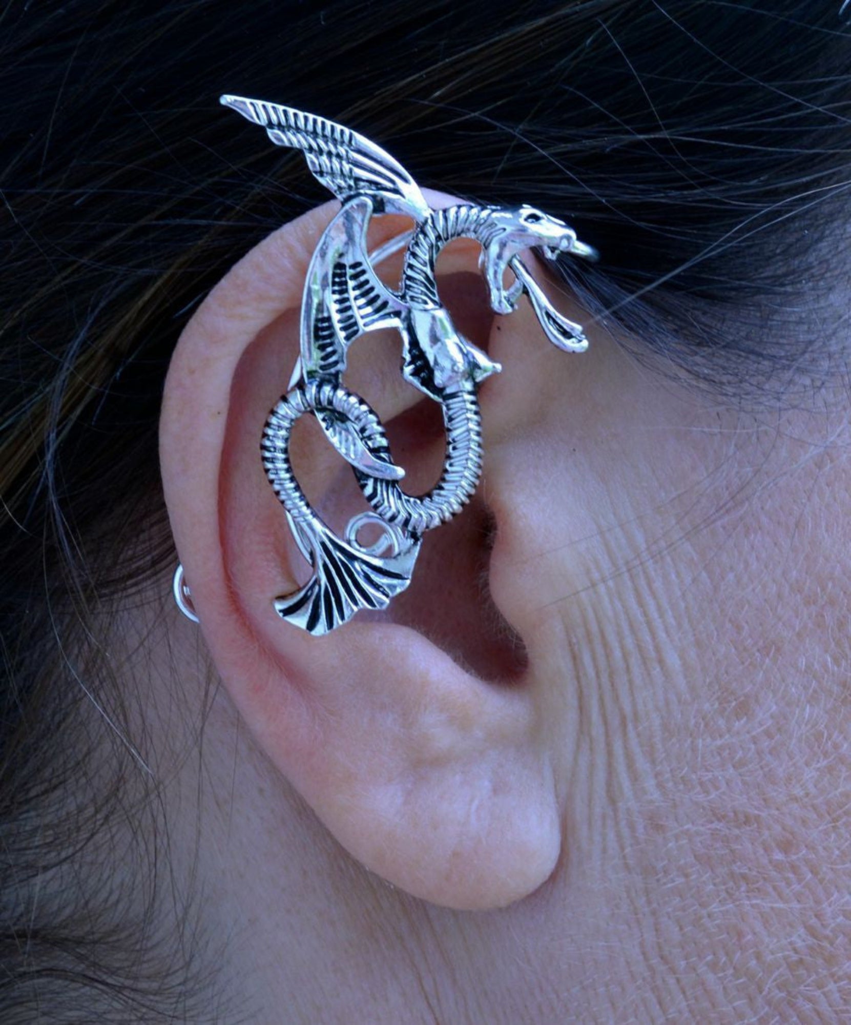Silver dragon elf ear cuff no piercing fantasy dragon ear wrap jewelry worn side view
