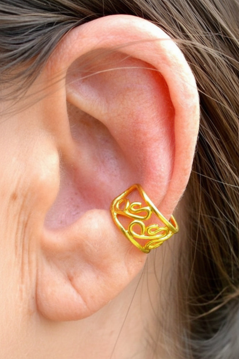 gold organic spiral ear cuff non piercing earring front view