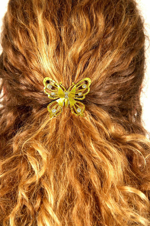 Model wearing Hair Hook Diamond Butterfly - Gold Boho Ponytail Holder