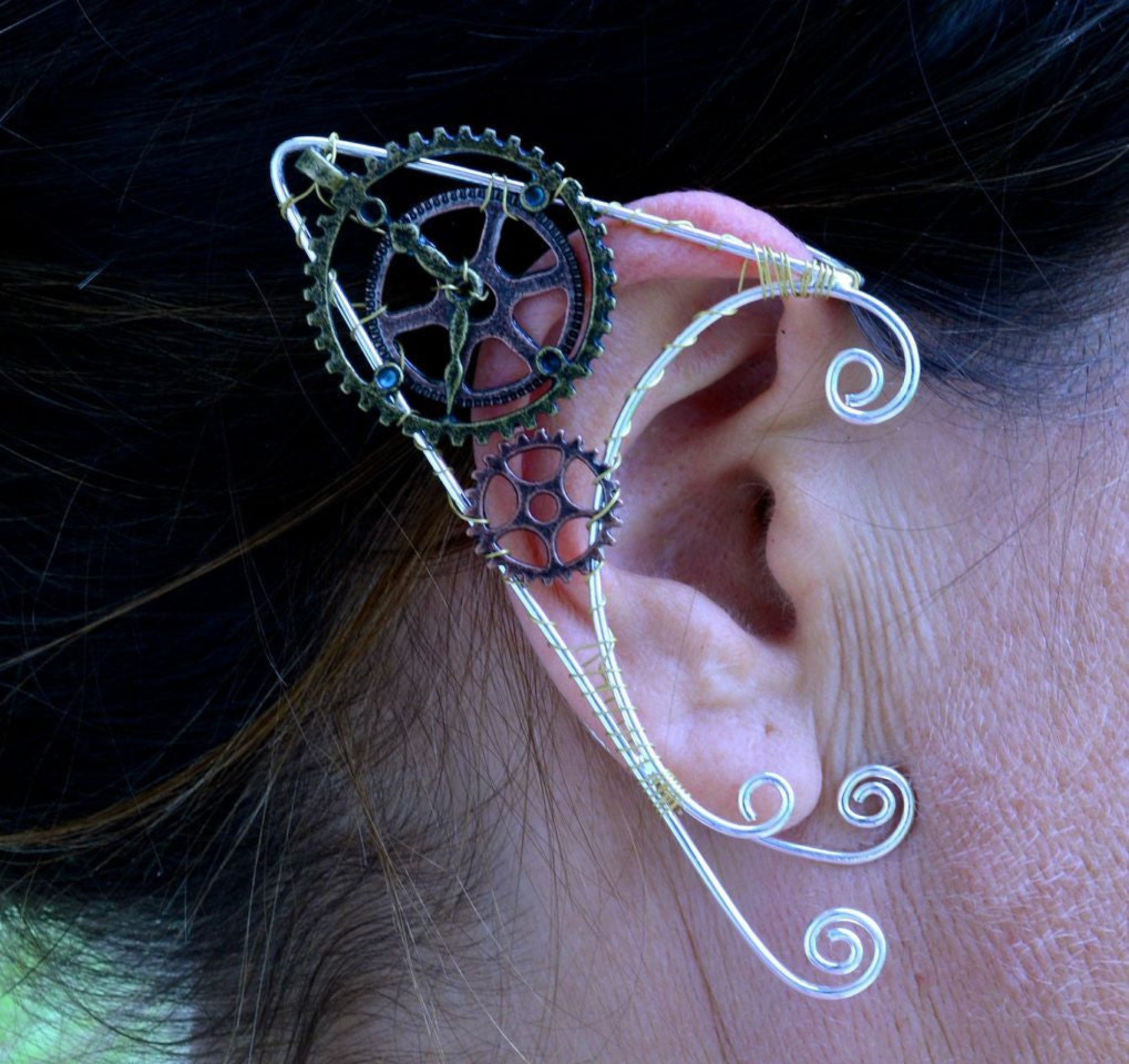 Model wearing Timeless Steampunk Clock Elf Ear Cuffs - Lightweight No Piercing