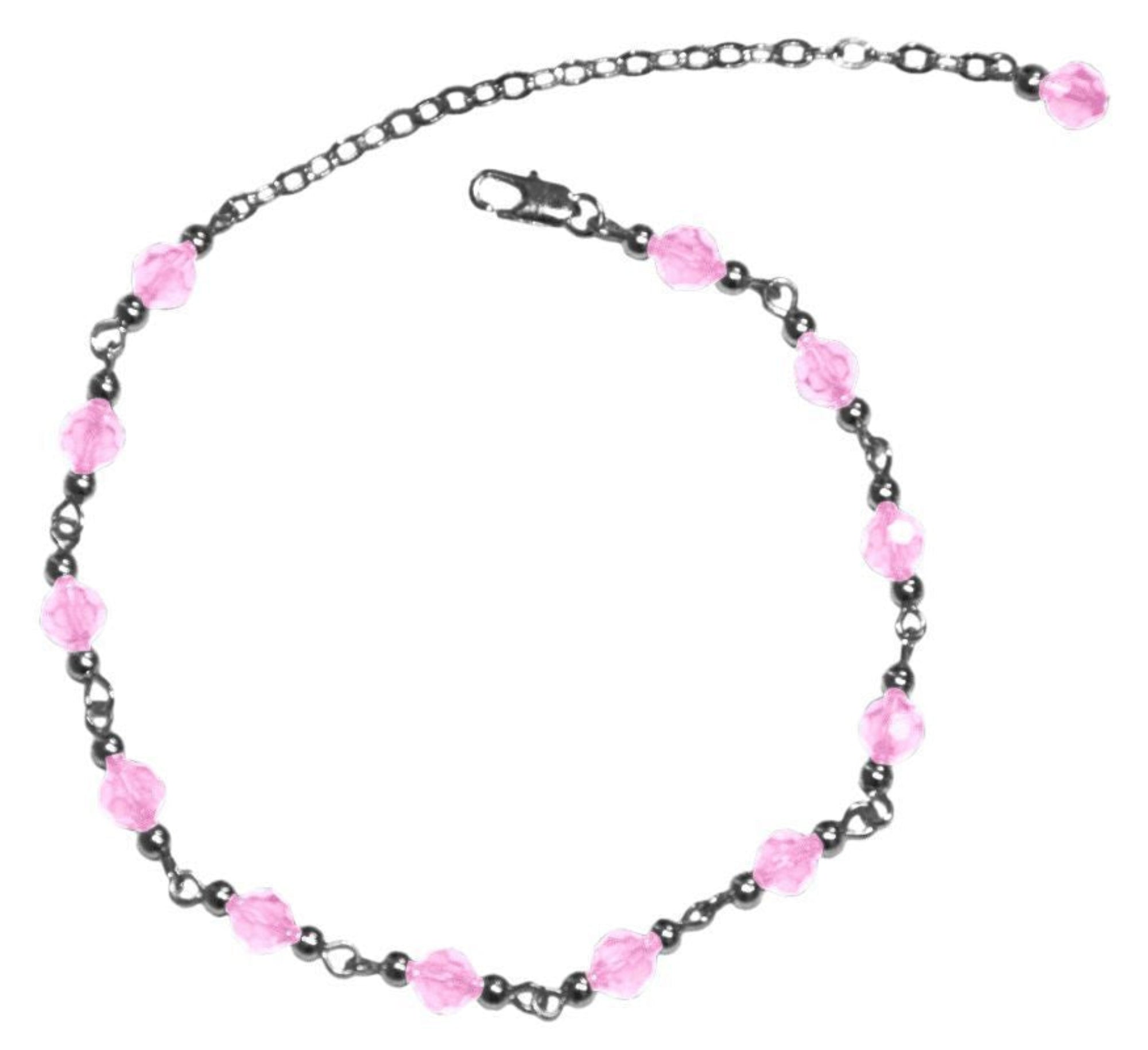 Silver anklet with pink faceted beads and lobster clasp, front view