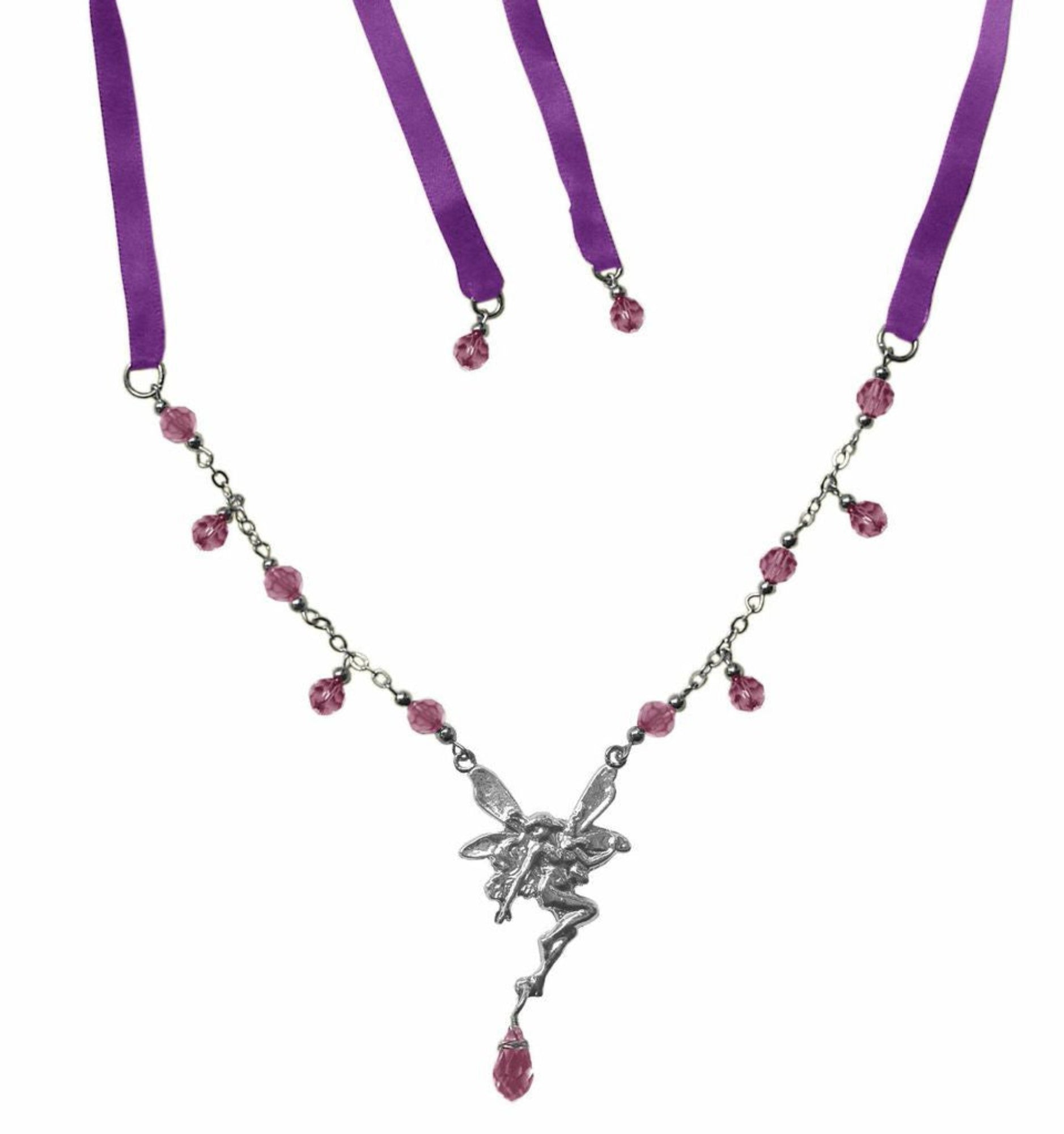 Silver fairy pendant ribbon tie necklace with pink crystal bead accents front view