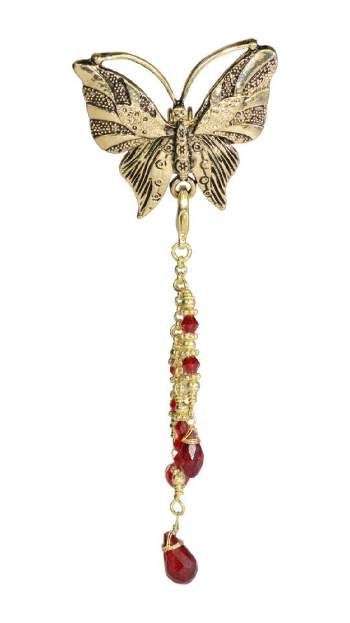 Gold butterfly hair hook ponytail holder with dangling red crystal bead charm, front view