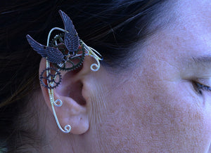 Model wearing Steampunk Winged Elf Ear Cuffs - Lightweight No Piercing Jewelry