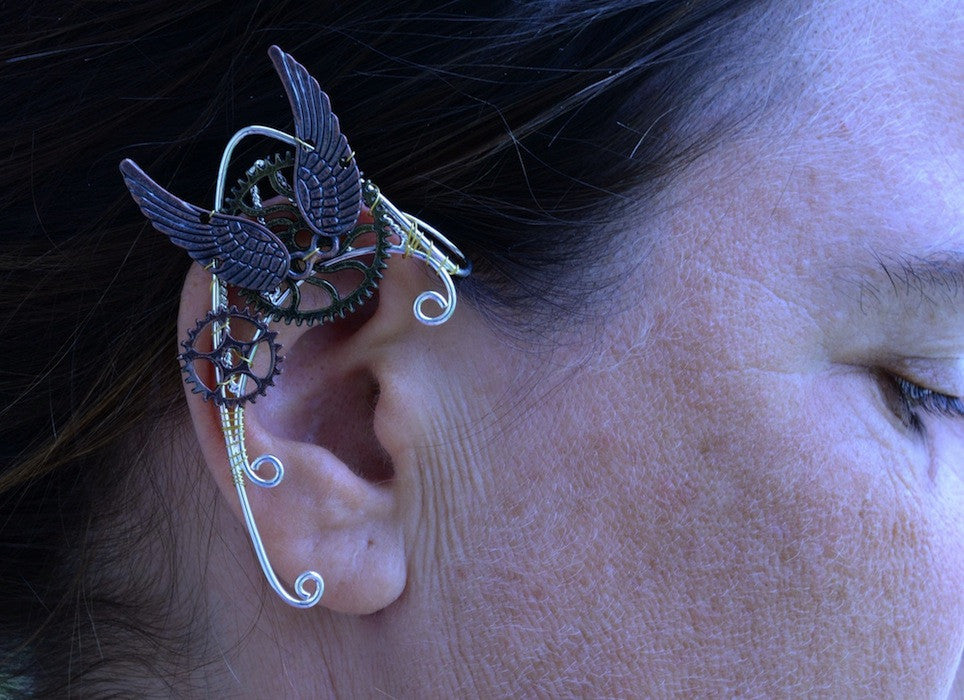 Model wearing Steampunk Winged Elf Ear Cuffs - Lightweight No Piercing Jewelry
