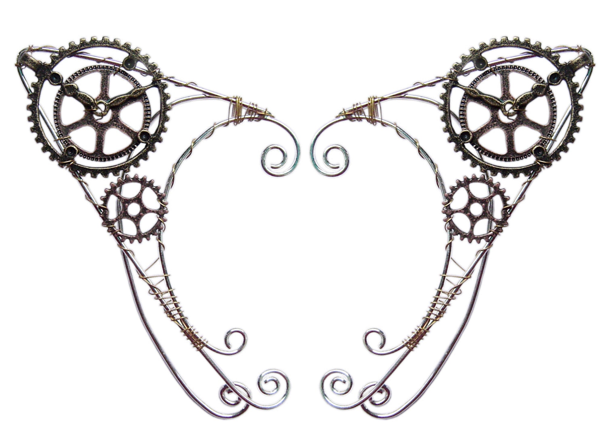 Pair of steampunk clock elf ear cuffs, lightweight, no piercing, front view