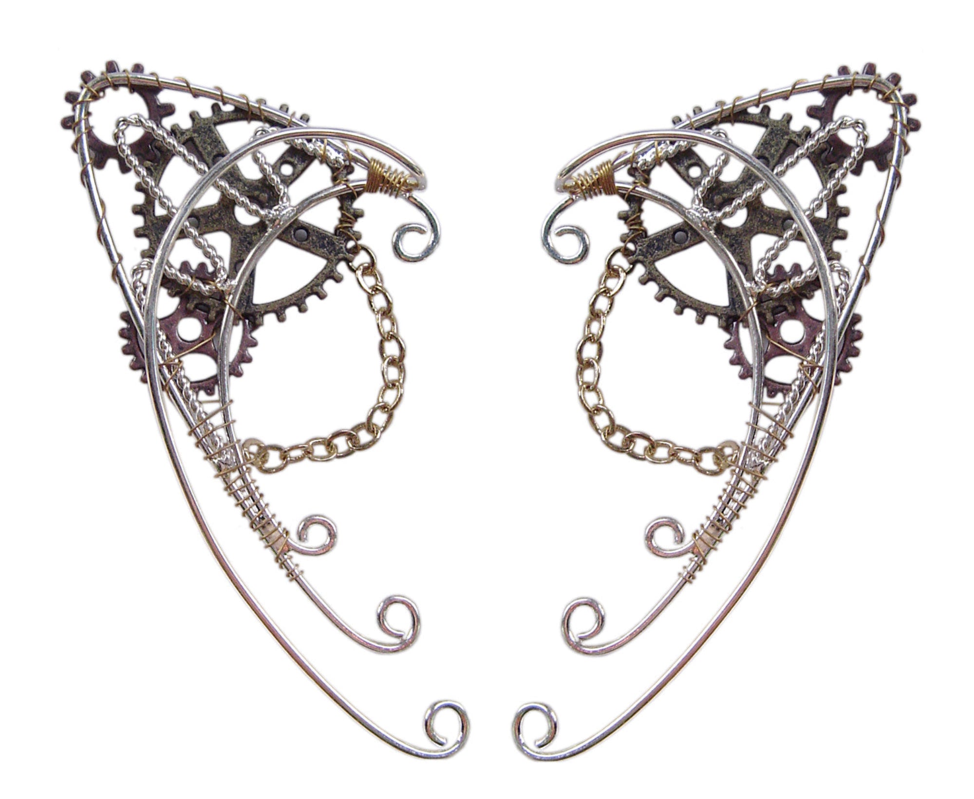 Steampunk gear elf ear cuffs, adjustable, back view
