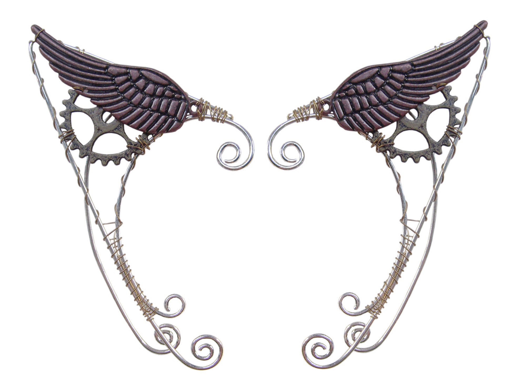 Steampunk silver wing elf ear wraps with gear detail, no piercing, front view