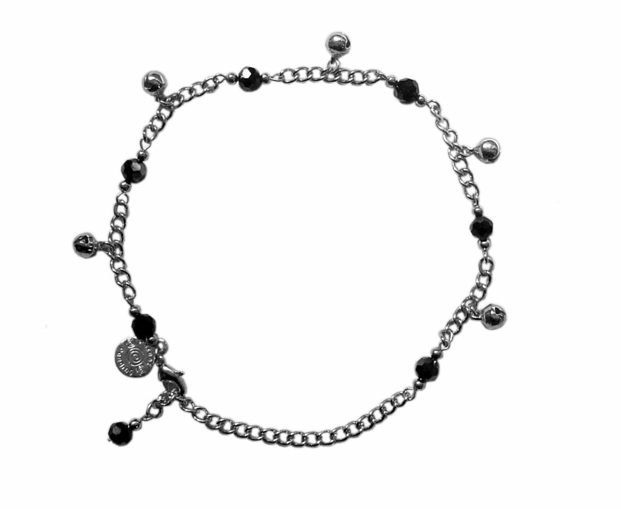 silver anklet with black beads and small bells adjustable chain front view