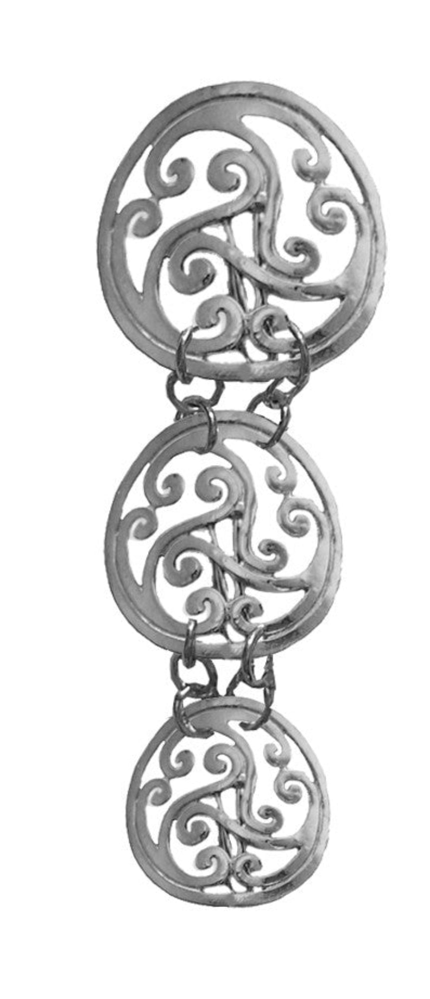 Silver Celtic round hair hook with three linked pendants, front view