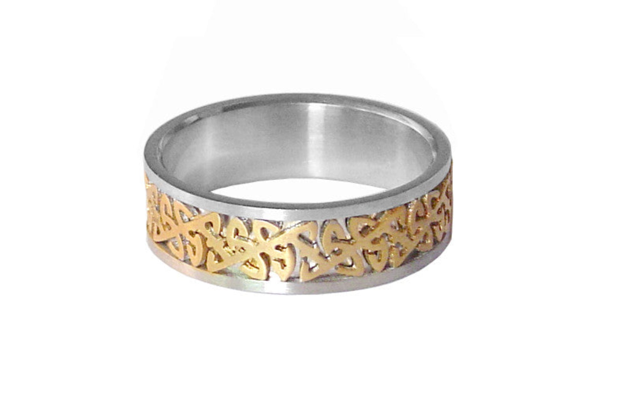 silver band ring with gold celtic knot design