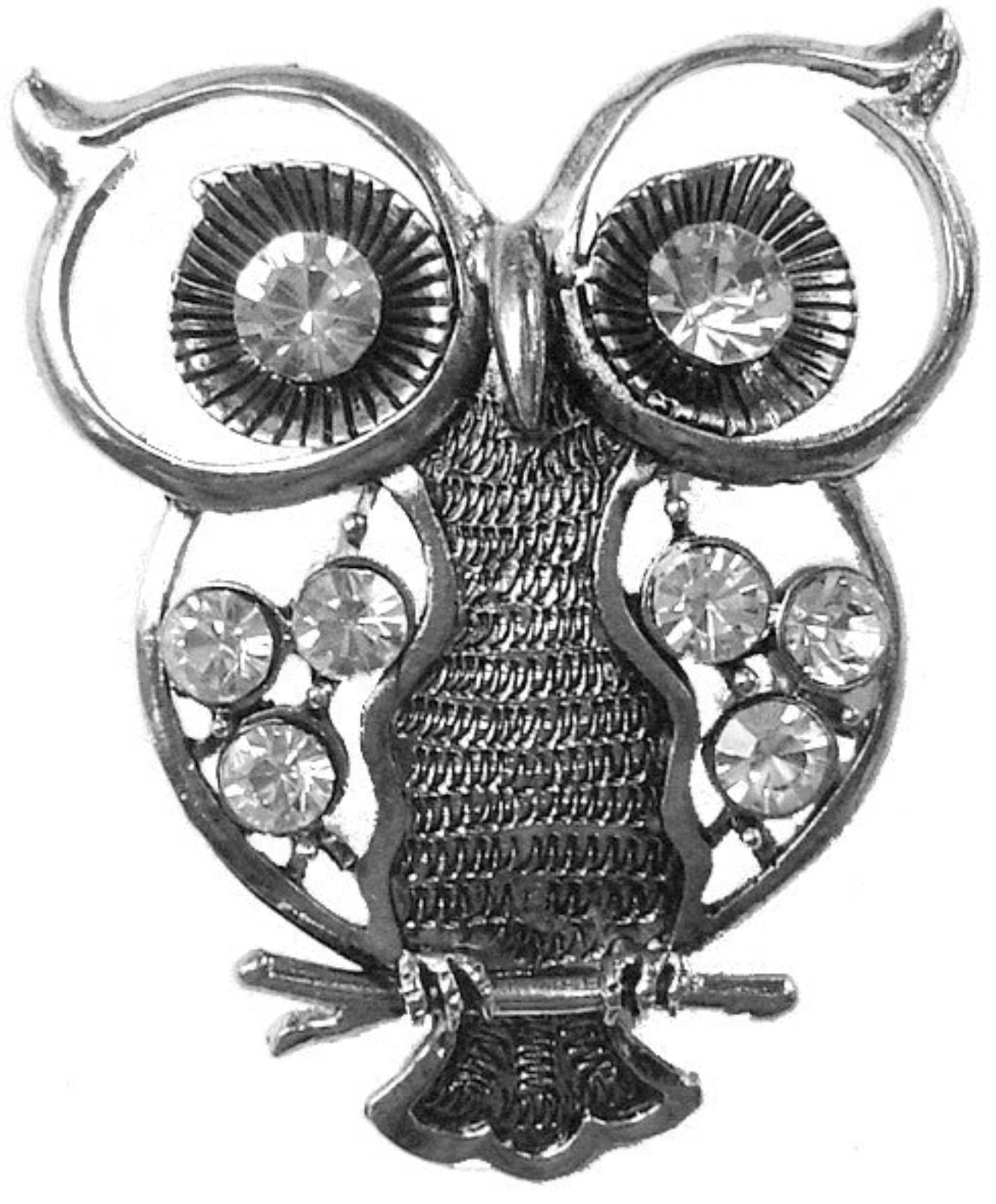 Silver owl ponytail hair hook with rhinestone accents, front view