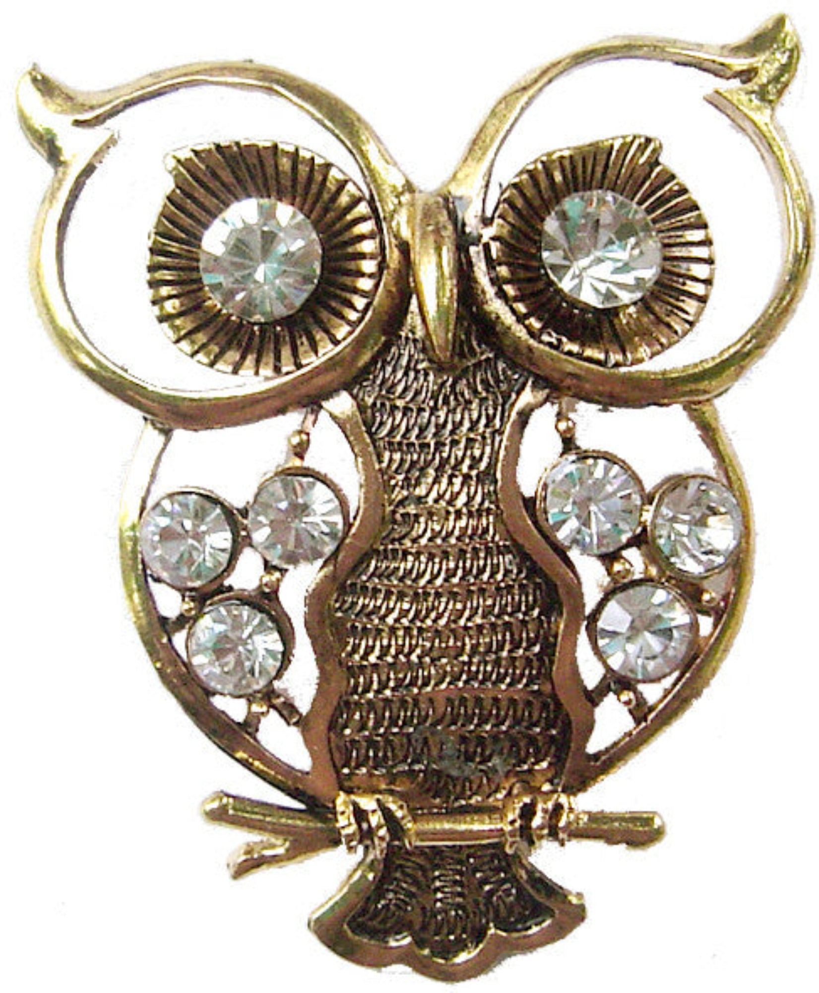 Gold owl ponytail hair hook with rhinestone accents, front view