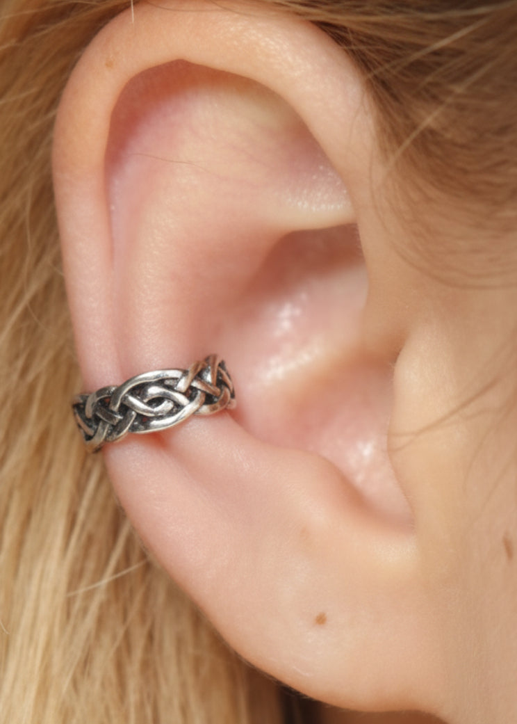 silver celtic ear cuff on ear