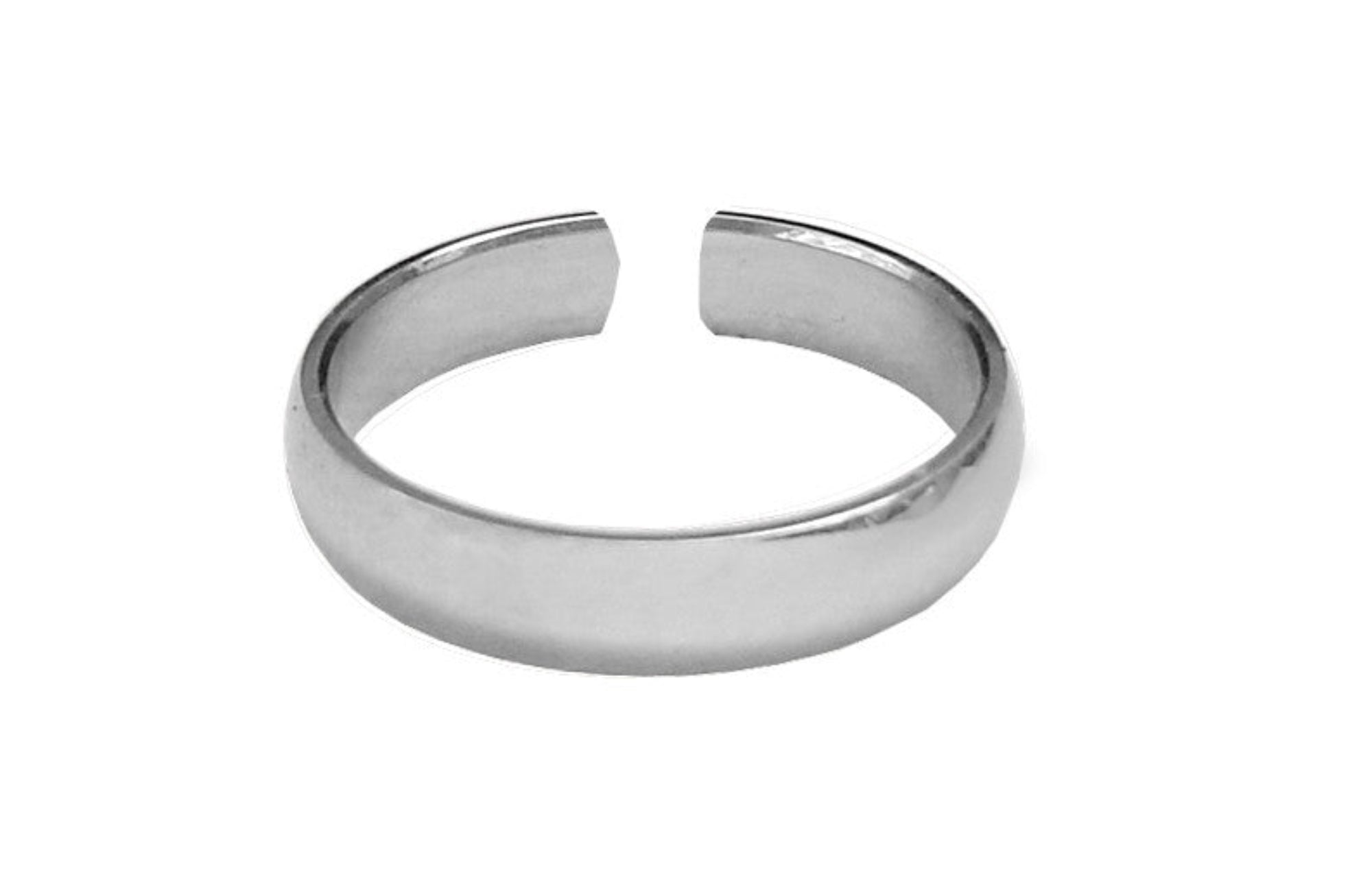 Adjustable silver plain band toe ring, front view