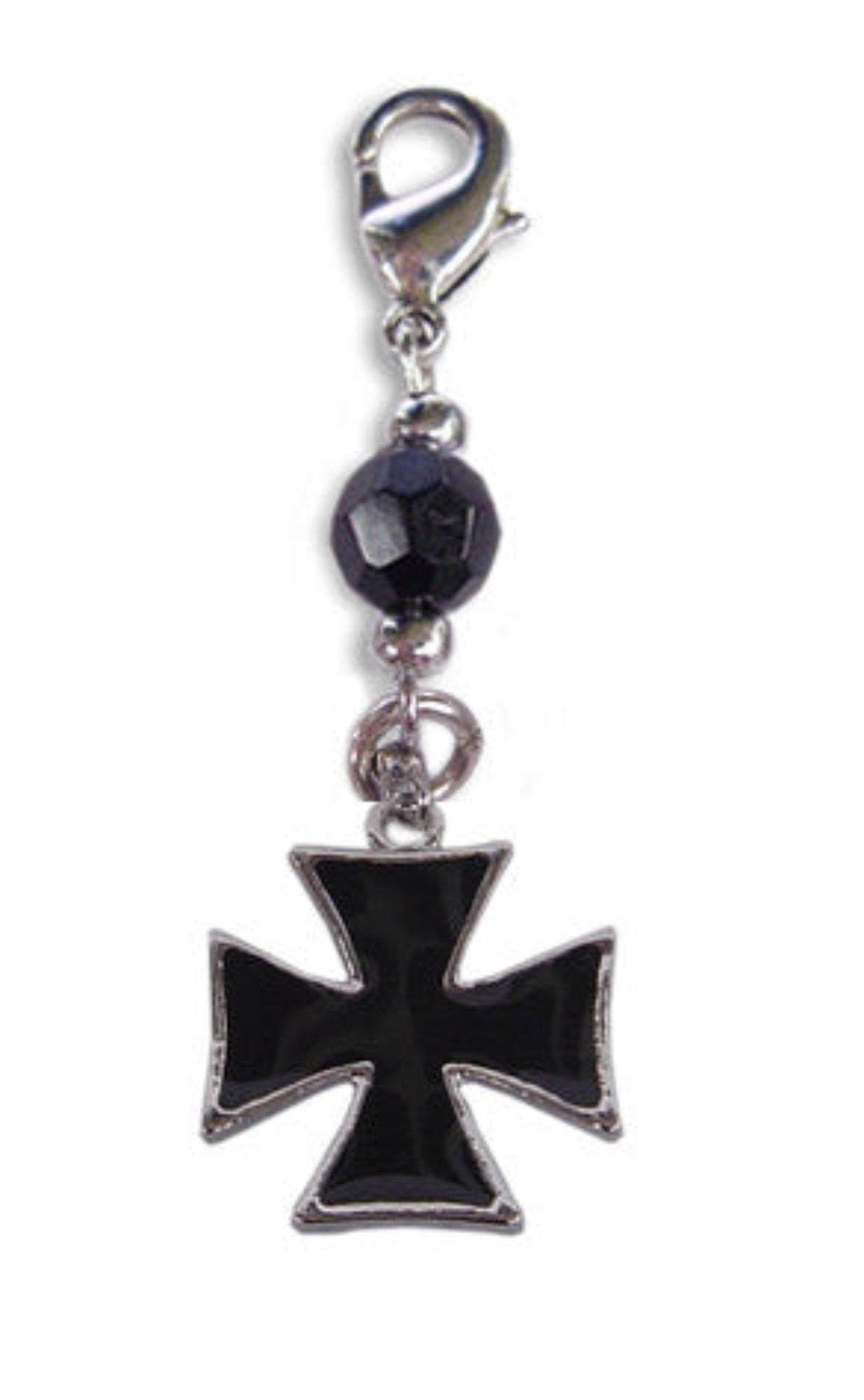 silver cross charm with black faceted bead and lobster clasp