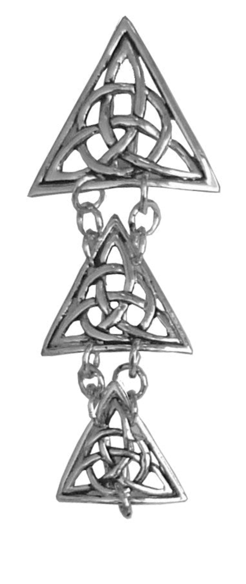 silver Celtic triangle hair hook with three linked pendants, front view