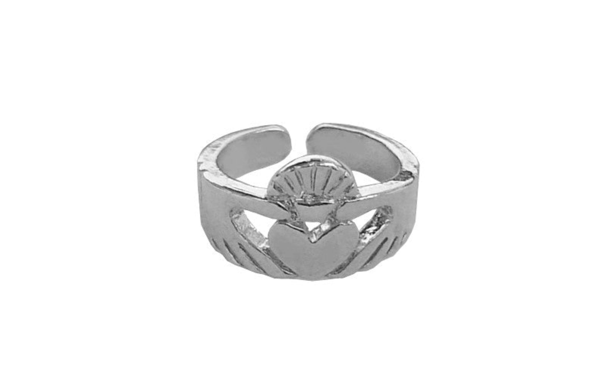 Claddagh toe ring with silver overlay, adjustable, front view