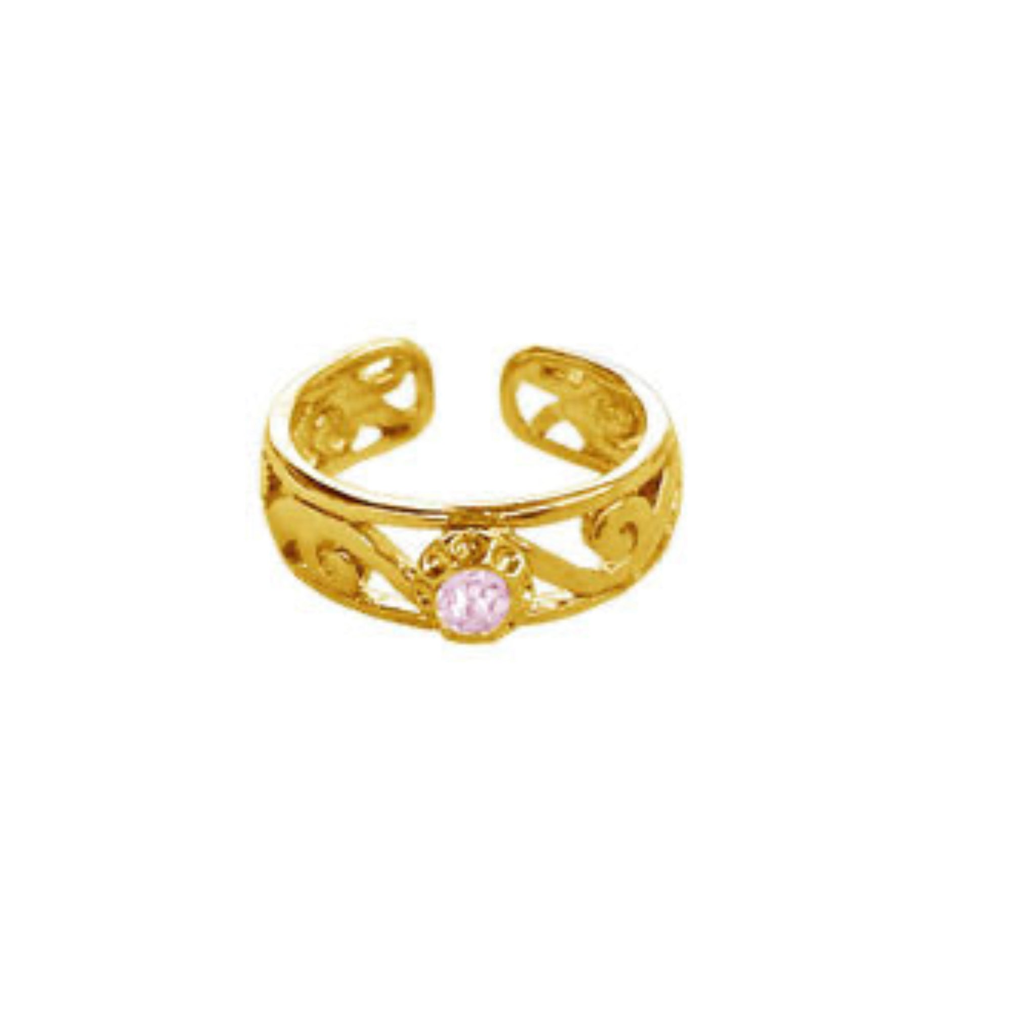 Spiral band toe ring with gold overlay and pink stone, adjustable, front view