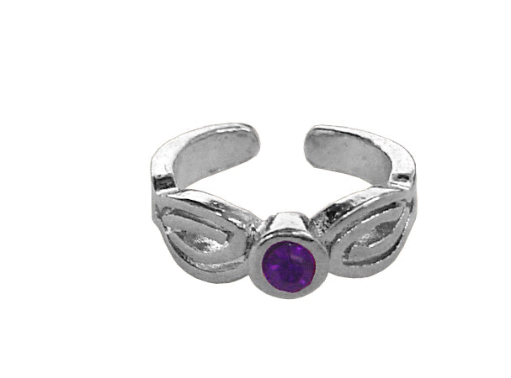 Weave toe ring with purple stone, silver overlay adjustable design, front view