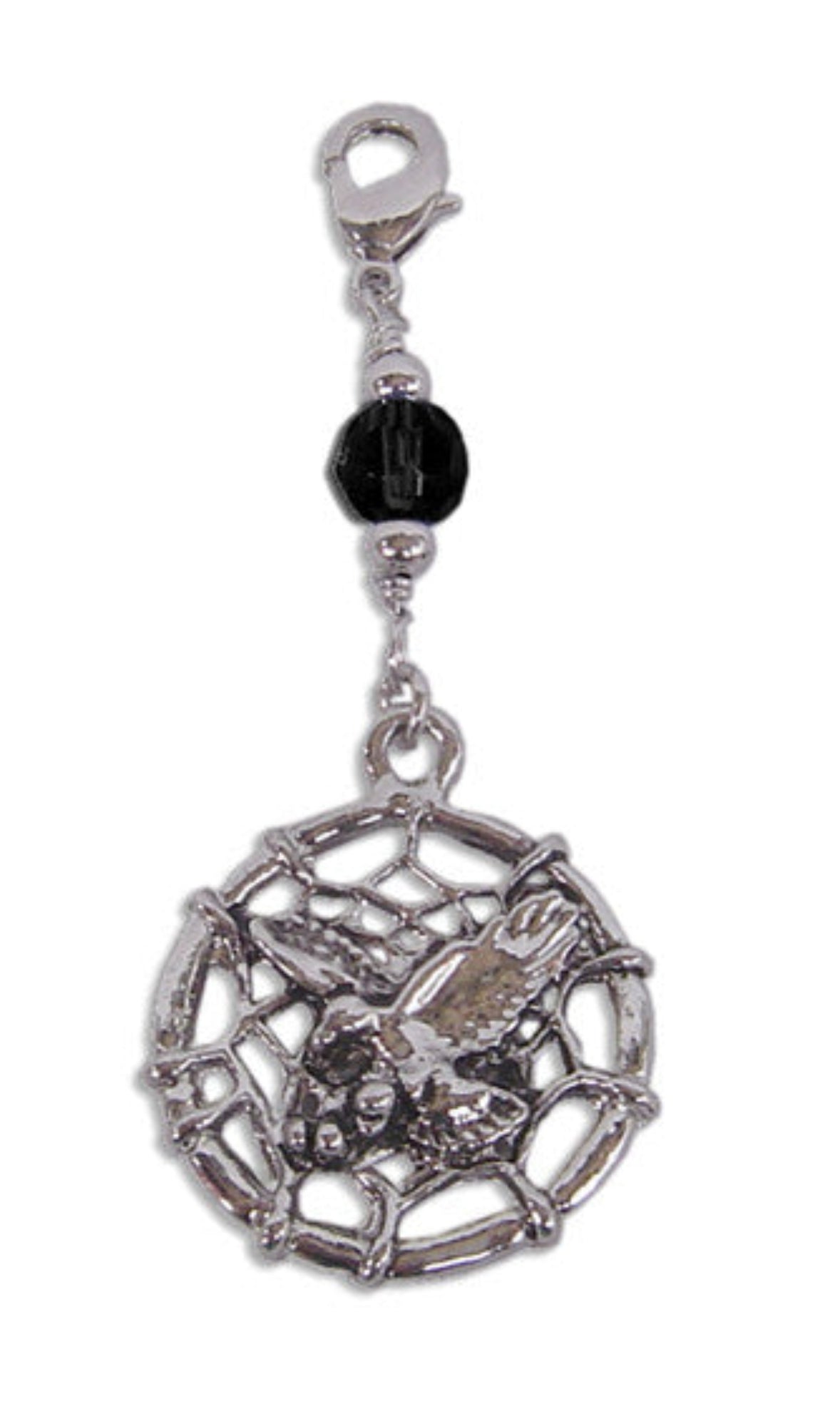 silver dream catcher charm with eagle detail, black faceted bead and lobster clasp