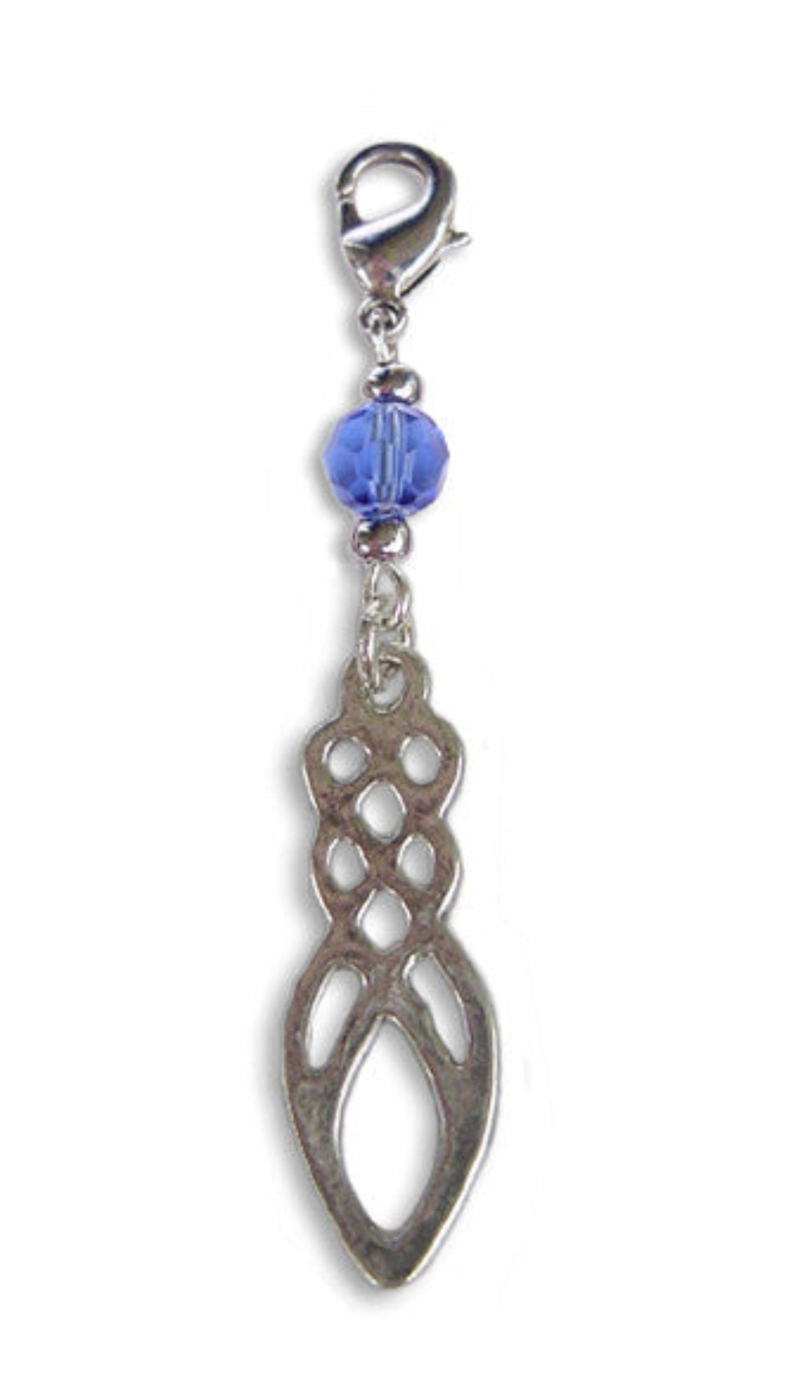 silver celtic knot charm with blue faceted bead mini hair accessory front view