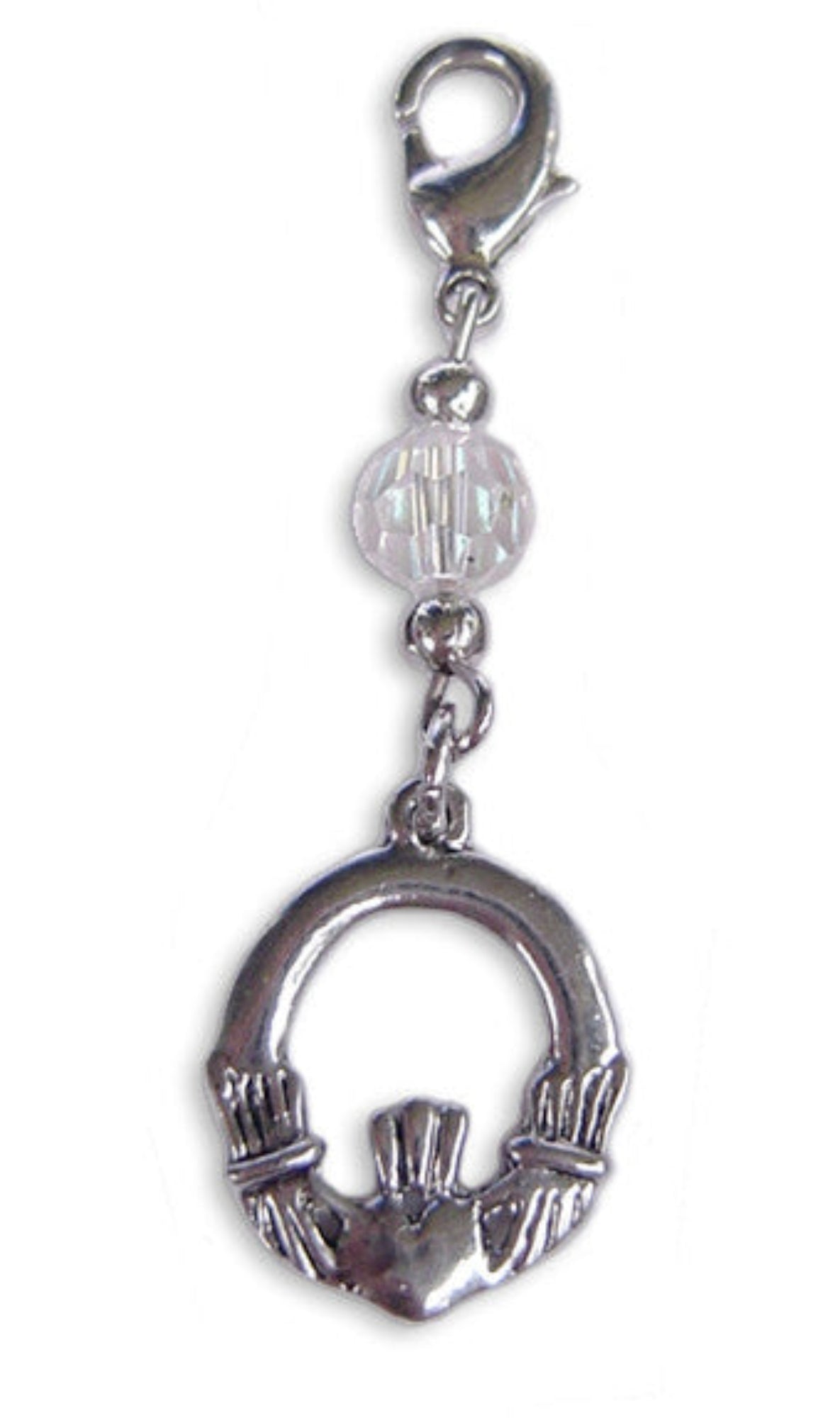 silver claddagh charm with clear faceted bead mini hair accessory front view