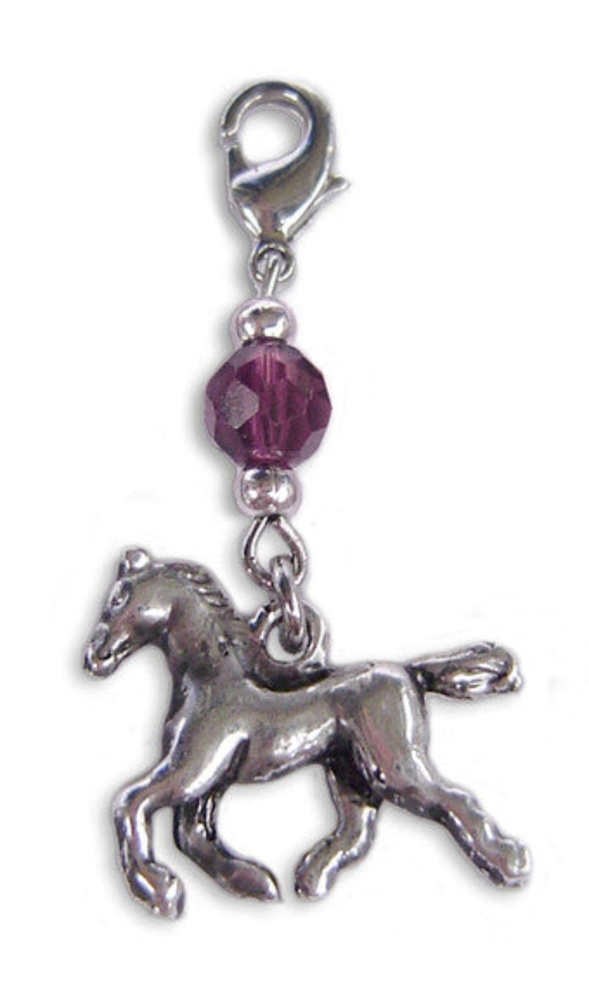 Silver horse charm with purple faceted bead and lobster clasp
