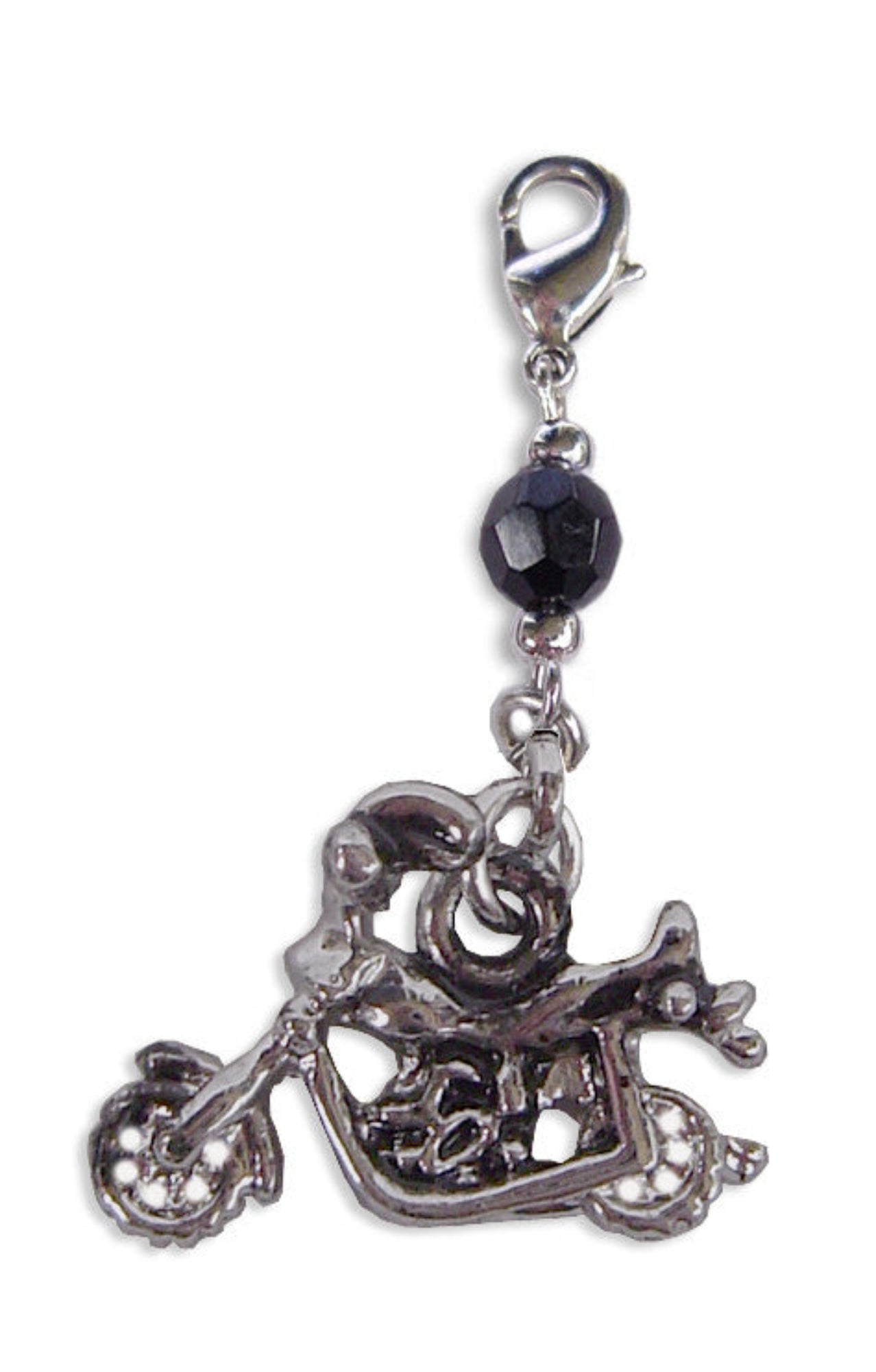 Silver motorcycle charm with black faceted bead and lobster clasp