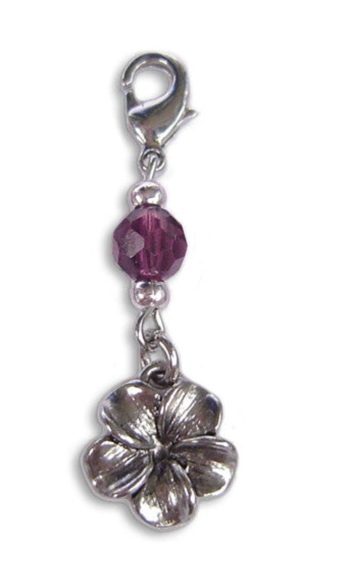 Silver plumeria flower charm with purple faceted bead and lobster clasp