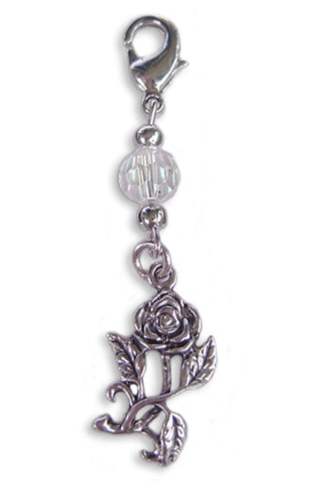 Silver rose charm with clear faceted bead and lobster clasp