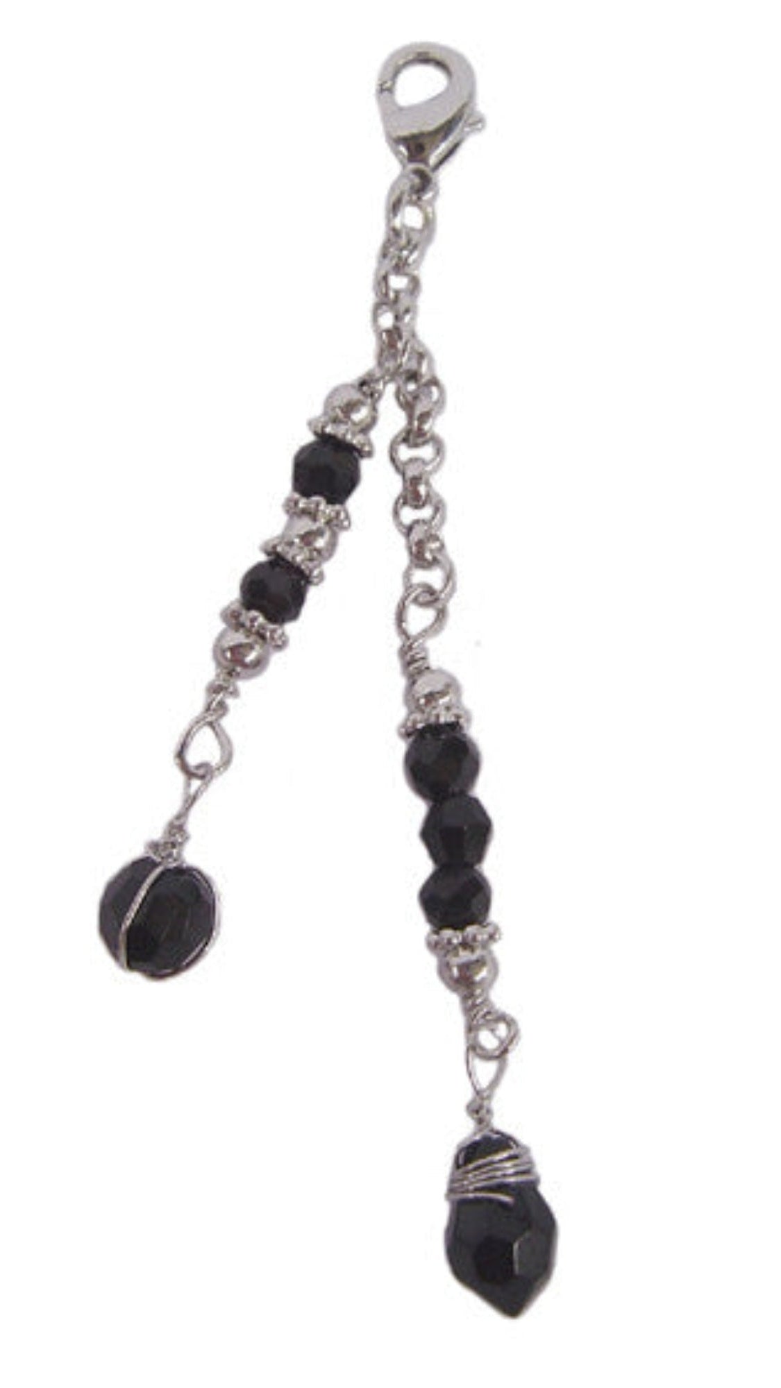 Silver two-strand chain charm with black faceted beads and lobster clasp for Hair Twisters.