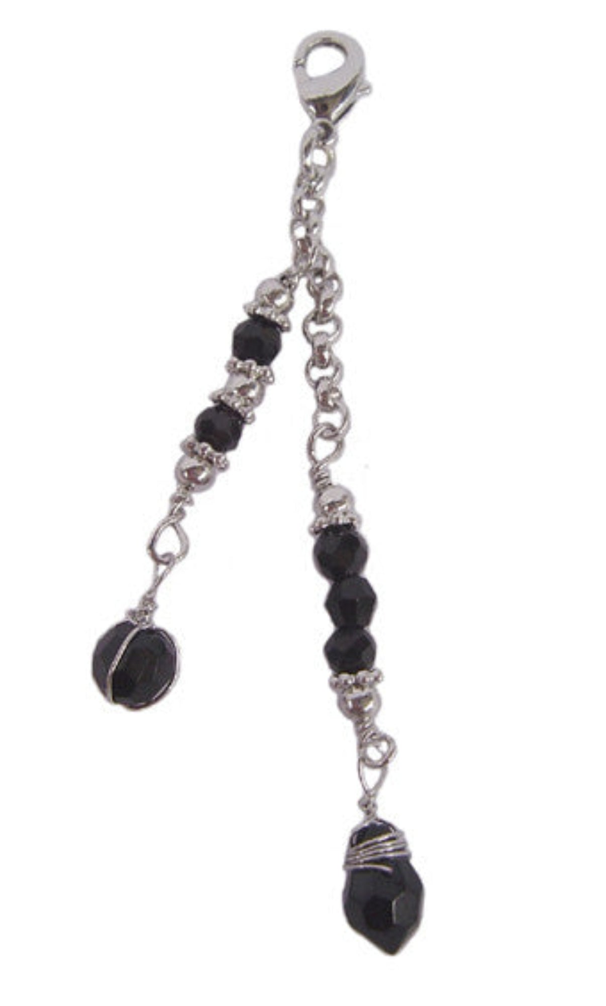 Silver two-strand chain charm with black faceted beads and lobster clasp