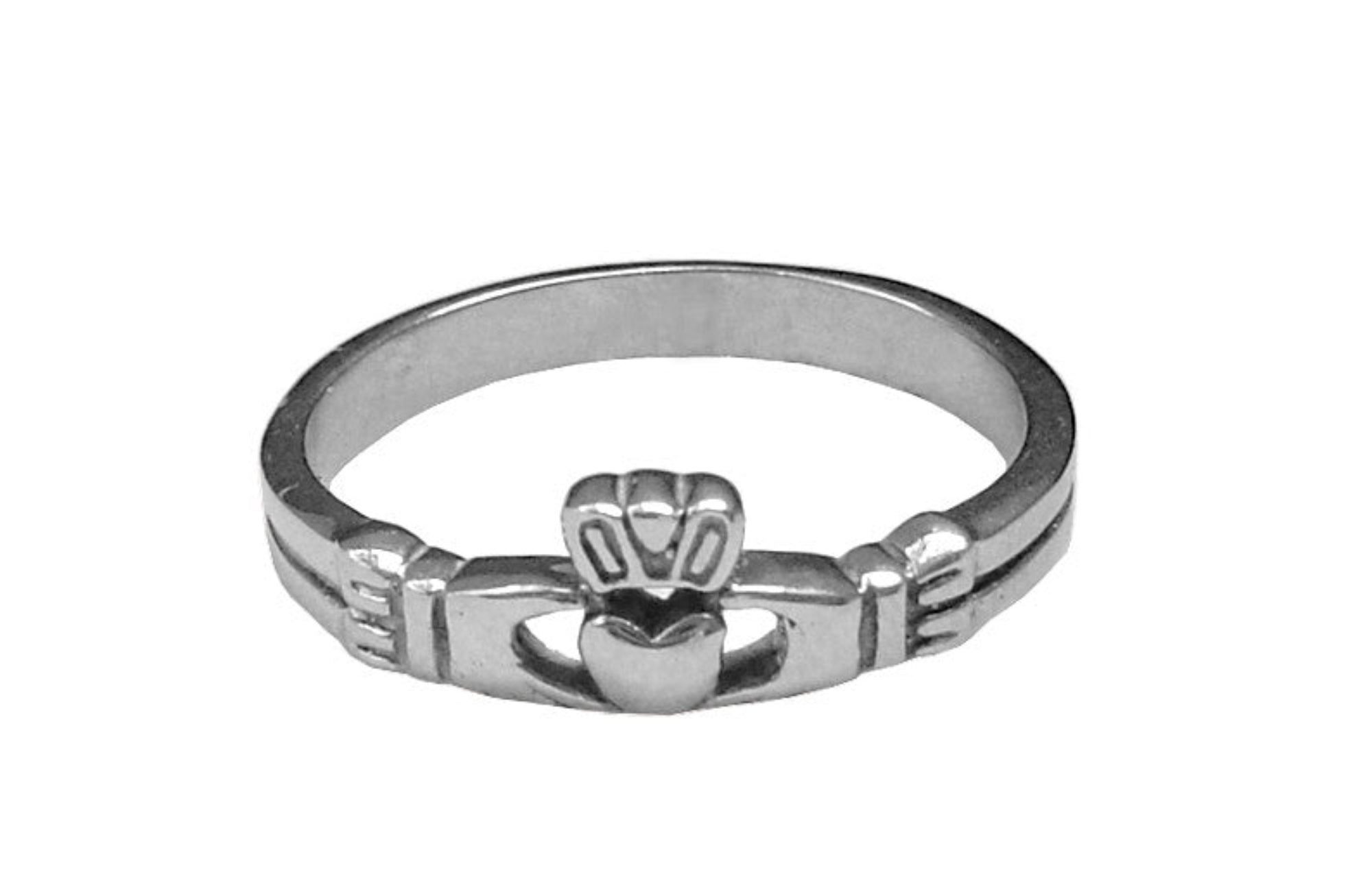 stainless steel claddagh ring with heart crown and hands celtic symbol front view