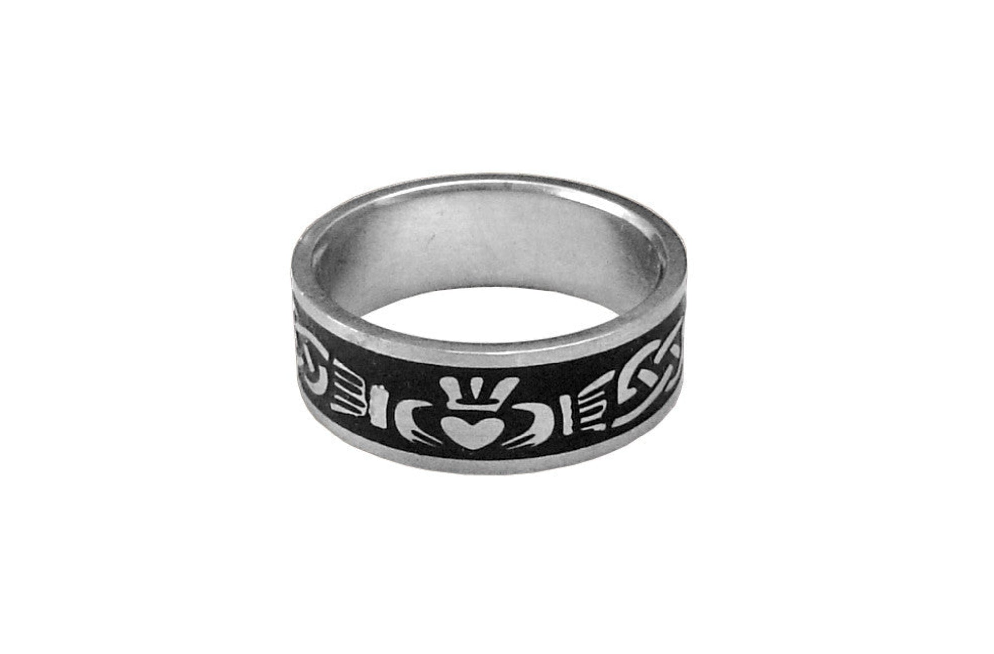 stainless steel claddagh band ring with celtic symbols black inlay front view