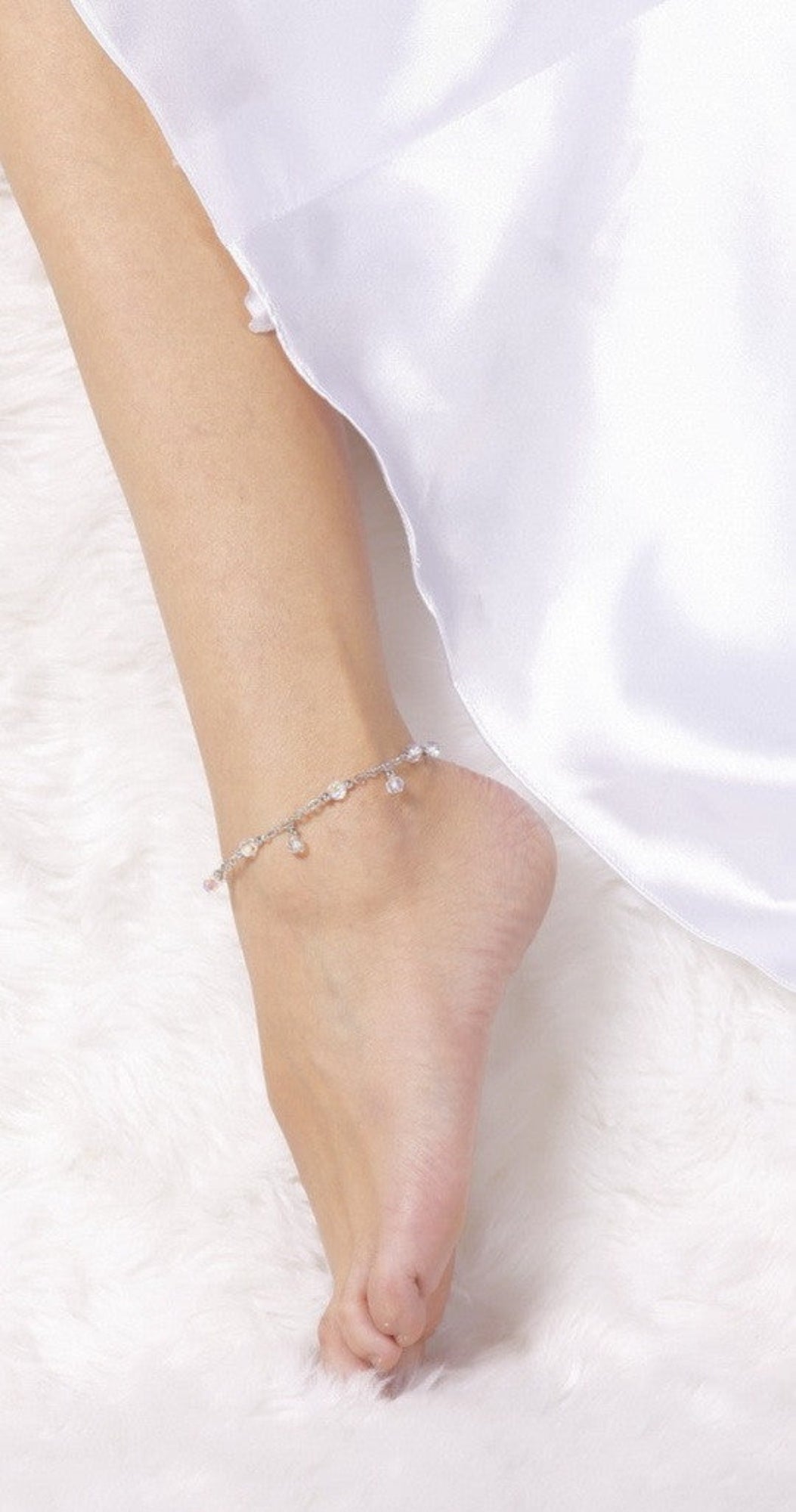 silver anklet with blue bead dangles adjustable chain jewelry front view