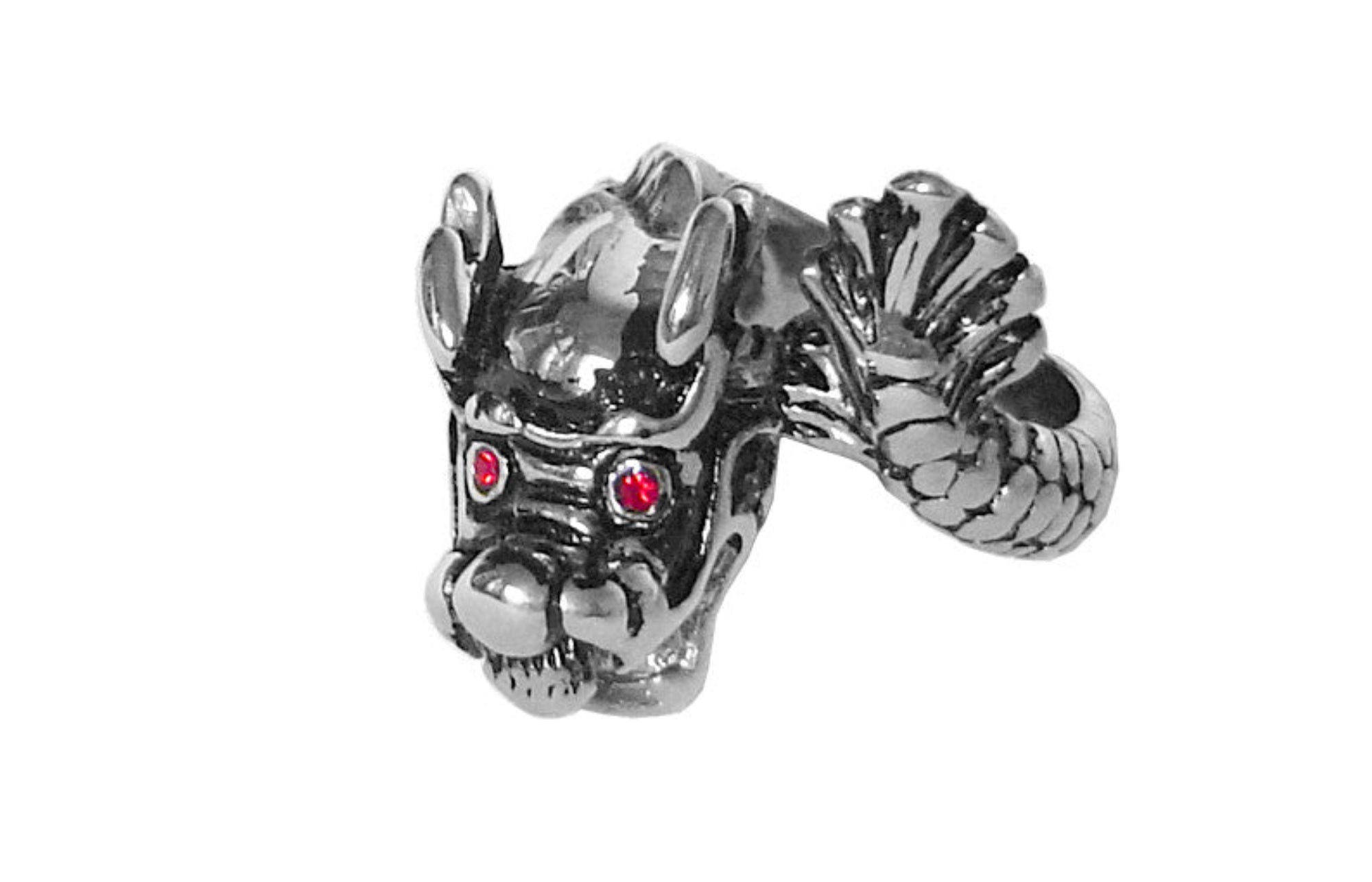 stainless steel dragon ring with red eyes front view