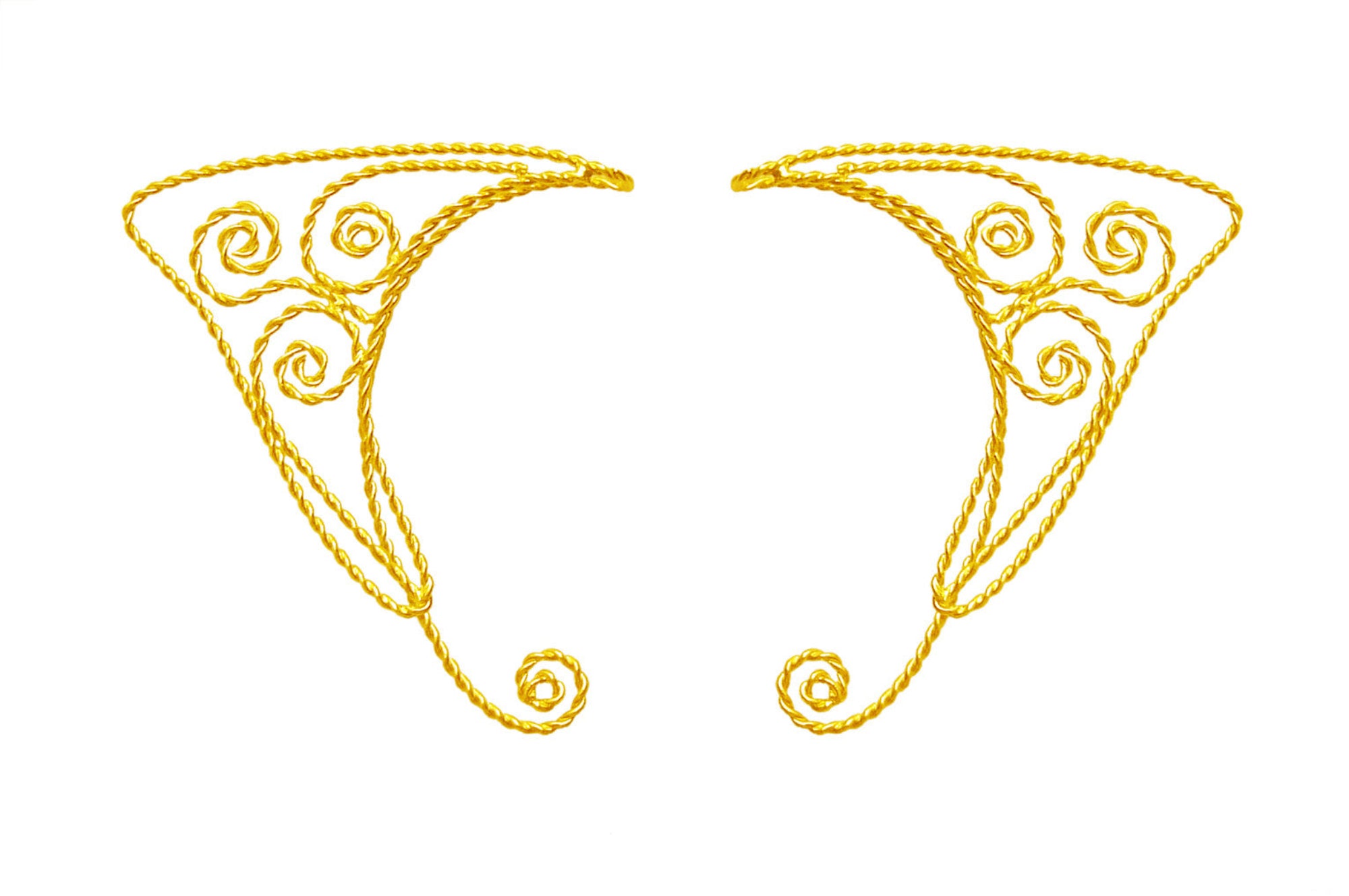 Gold spiral wire elf ear cuffs non piercing fantasy elven ear wrap jewelry pair front view