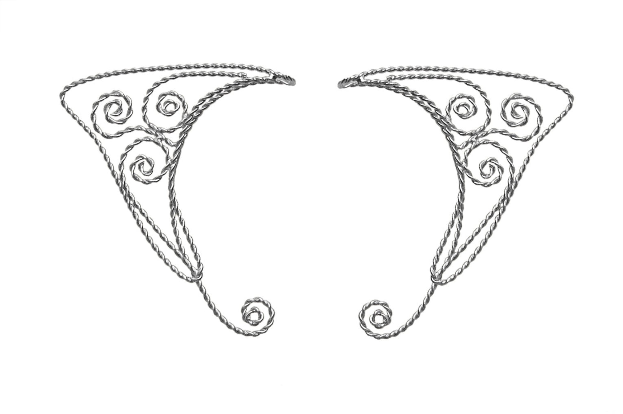 Silver spiral wire elf ear cuffs non piercing fantasy elven ear wrap jewelry pair front view