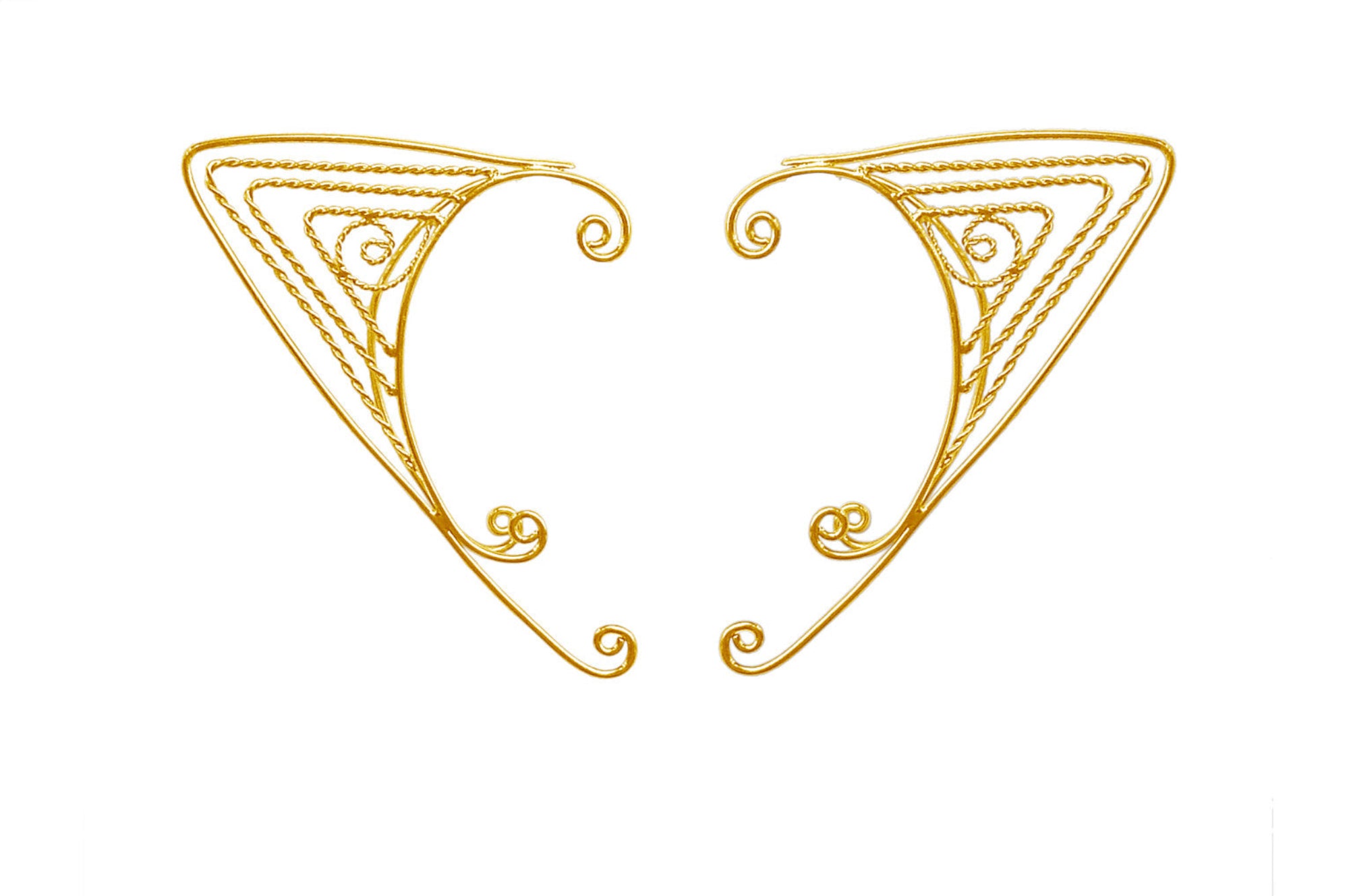 Gold triangle wire elf ear cuffs non piercing fantasy elven ear wrap jewelry pair front view