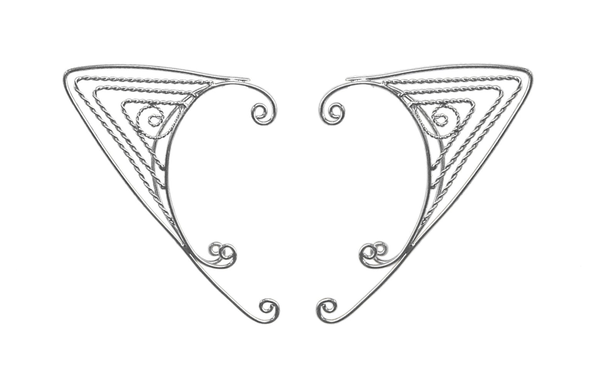 Silver triangle wire elf ear cuffs fantasy non piercing elven ear wrap jewelry pair front view