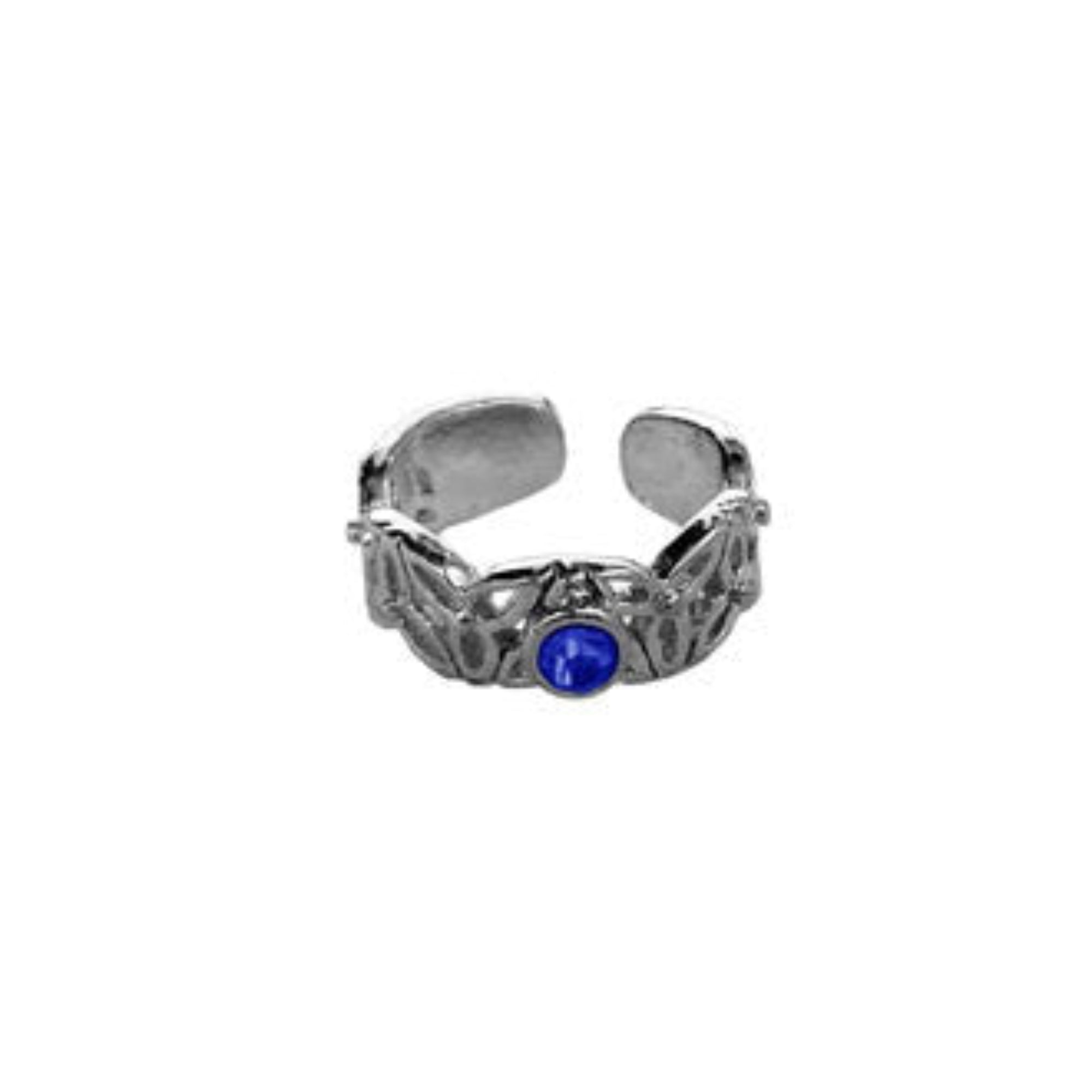 Silver Celtic knot adjustable toe ring with blue gemstone center front view