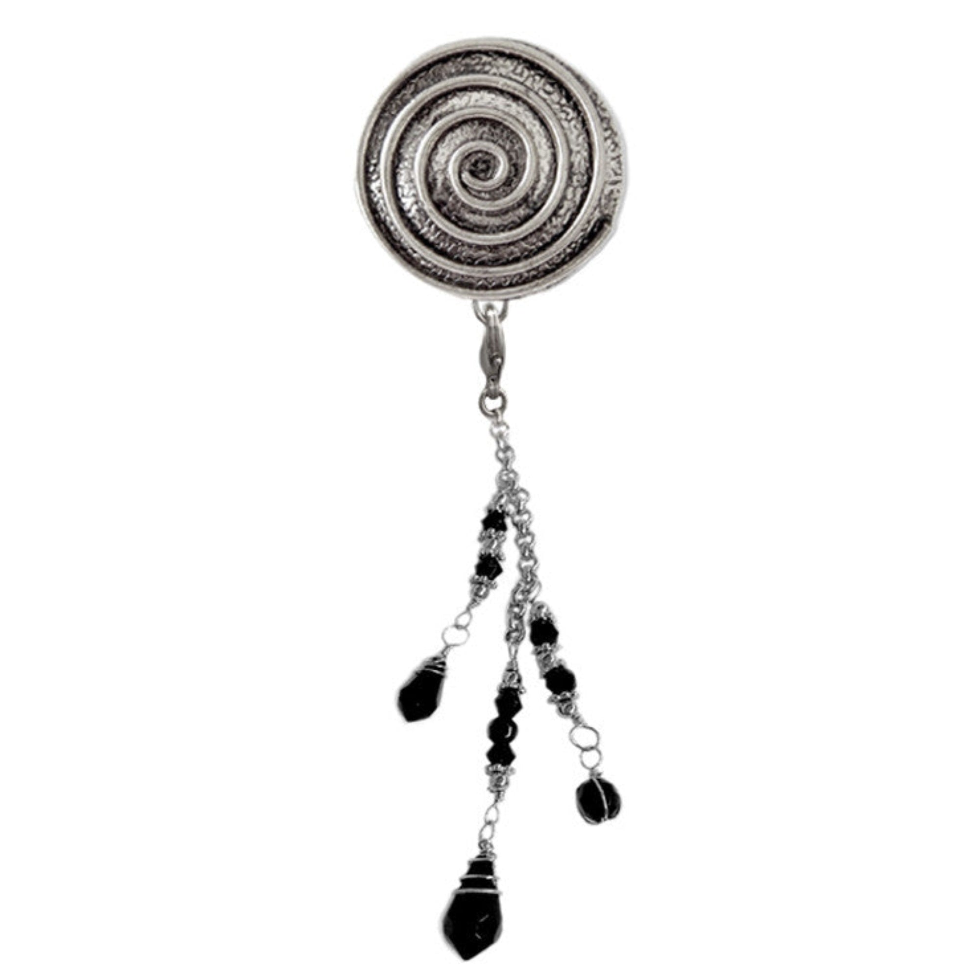 Silver spiral hair hook with bead charms, front view