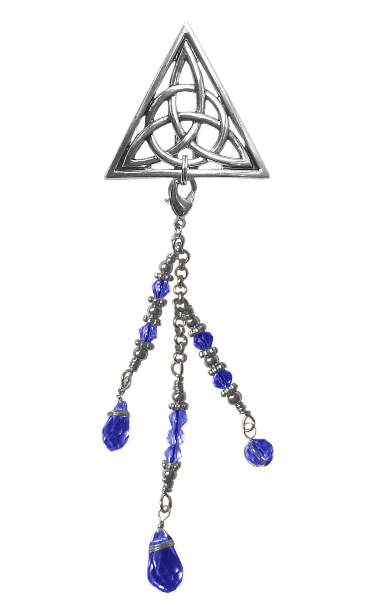 Silver Celtic triangle hair hook with blue bead charms, front view