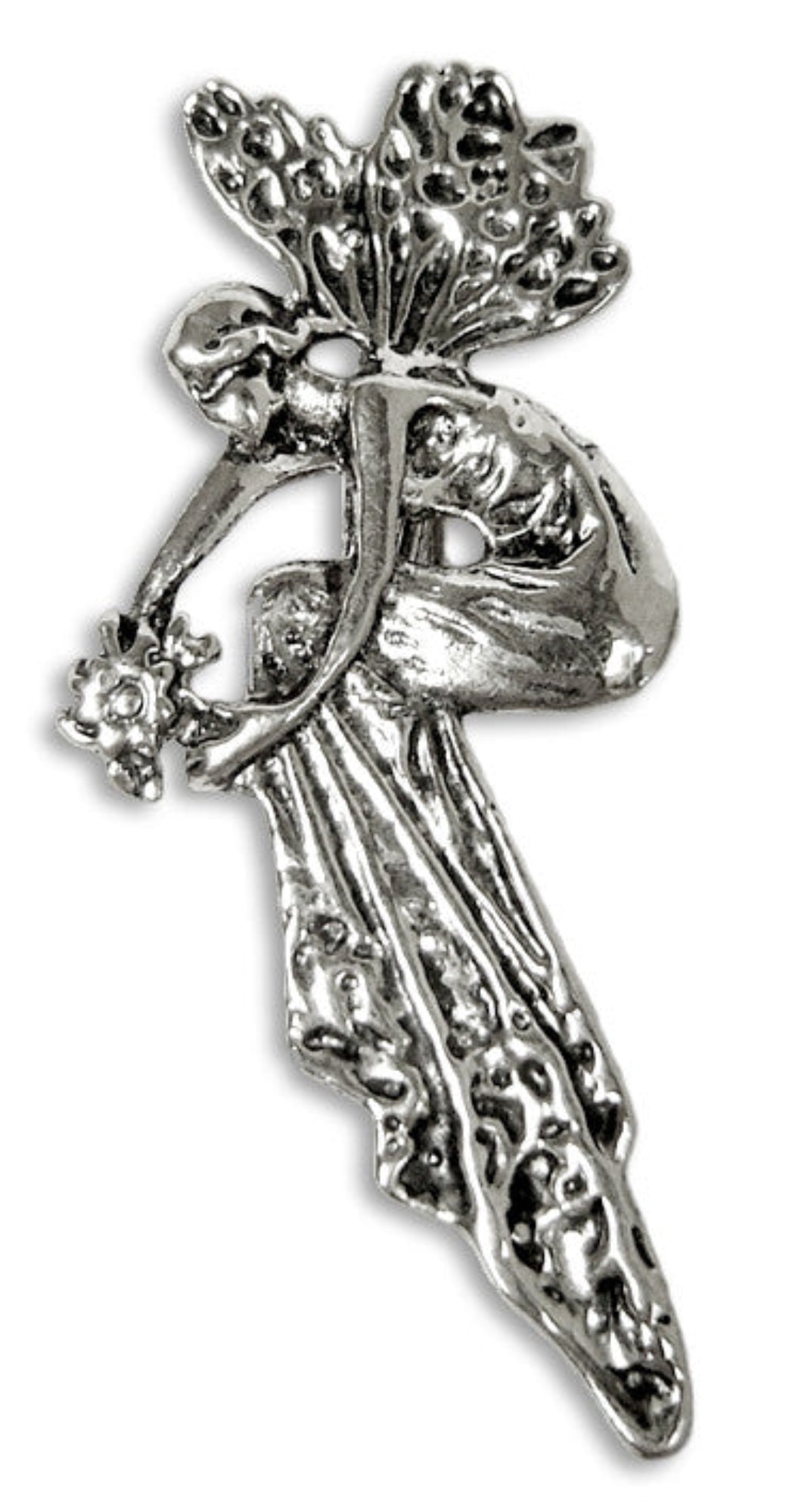Silver fairy hair hook with floral detailing, front view