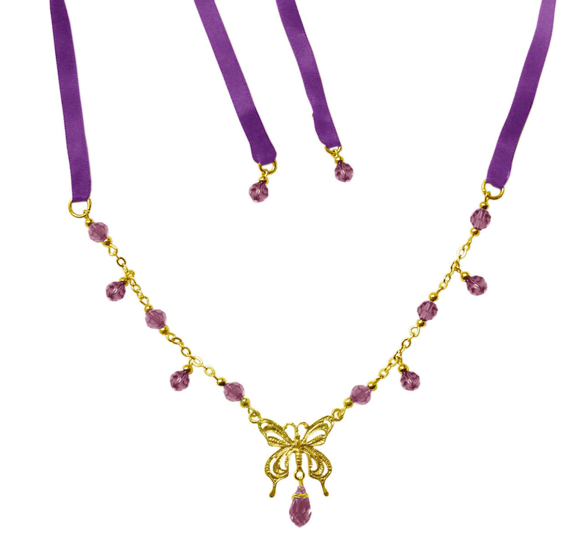 gold butterfly crown necklace with pink bead dangles tie on ribbon jewelry front view