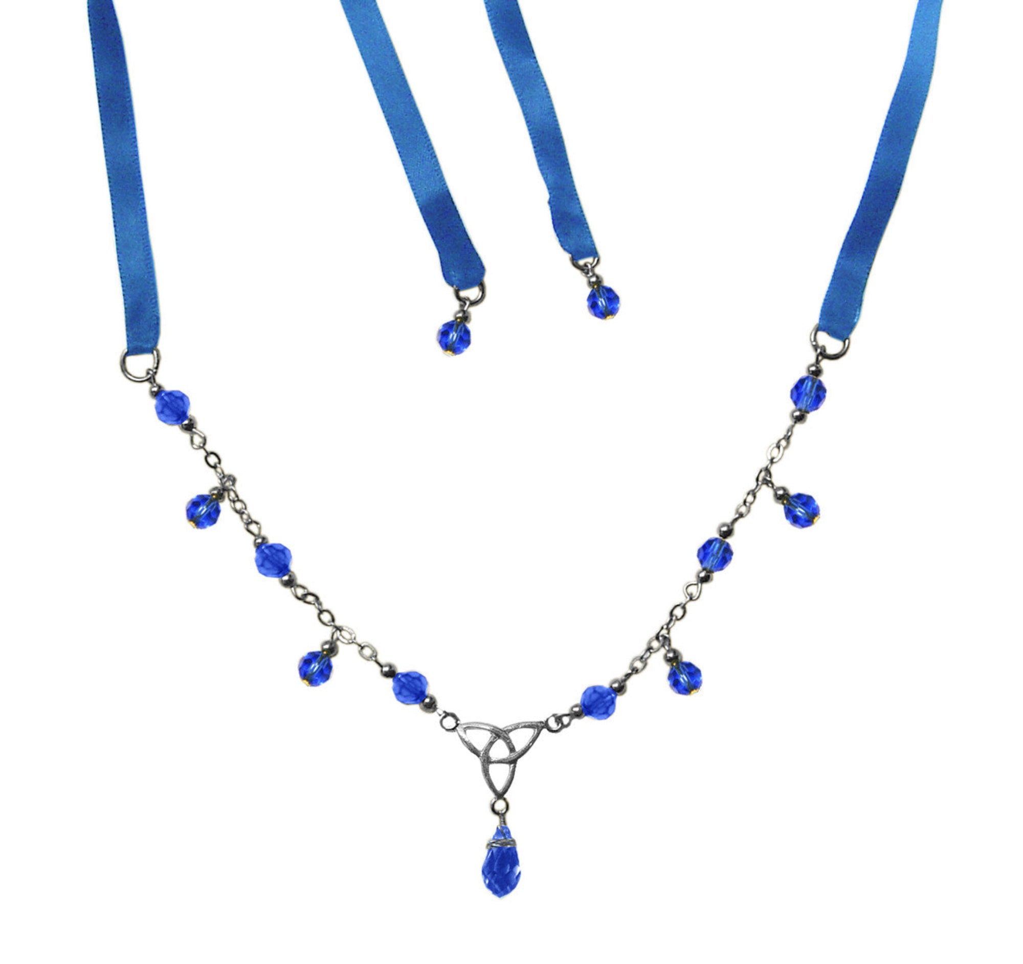 Silver triquetra knot ribbon tie crown necklace with blue crystal bead accents front view
