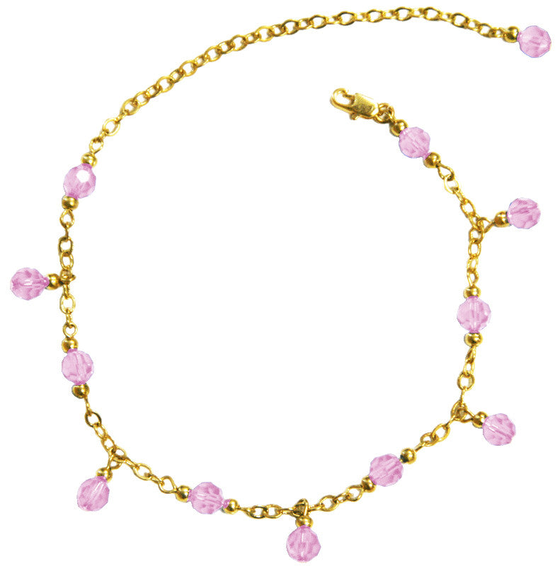 Medieval Metal - Anklet Gold Chain and Pink Dangling Beads Front View (AT-02-PK-G)