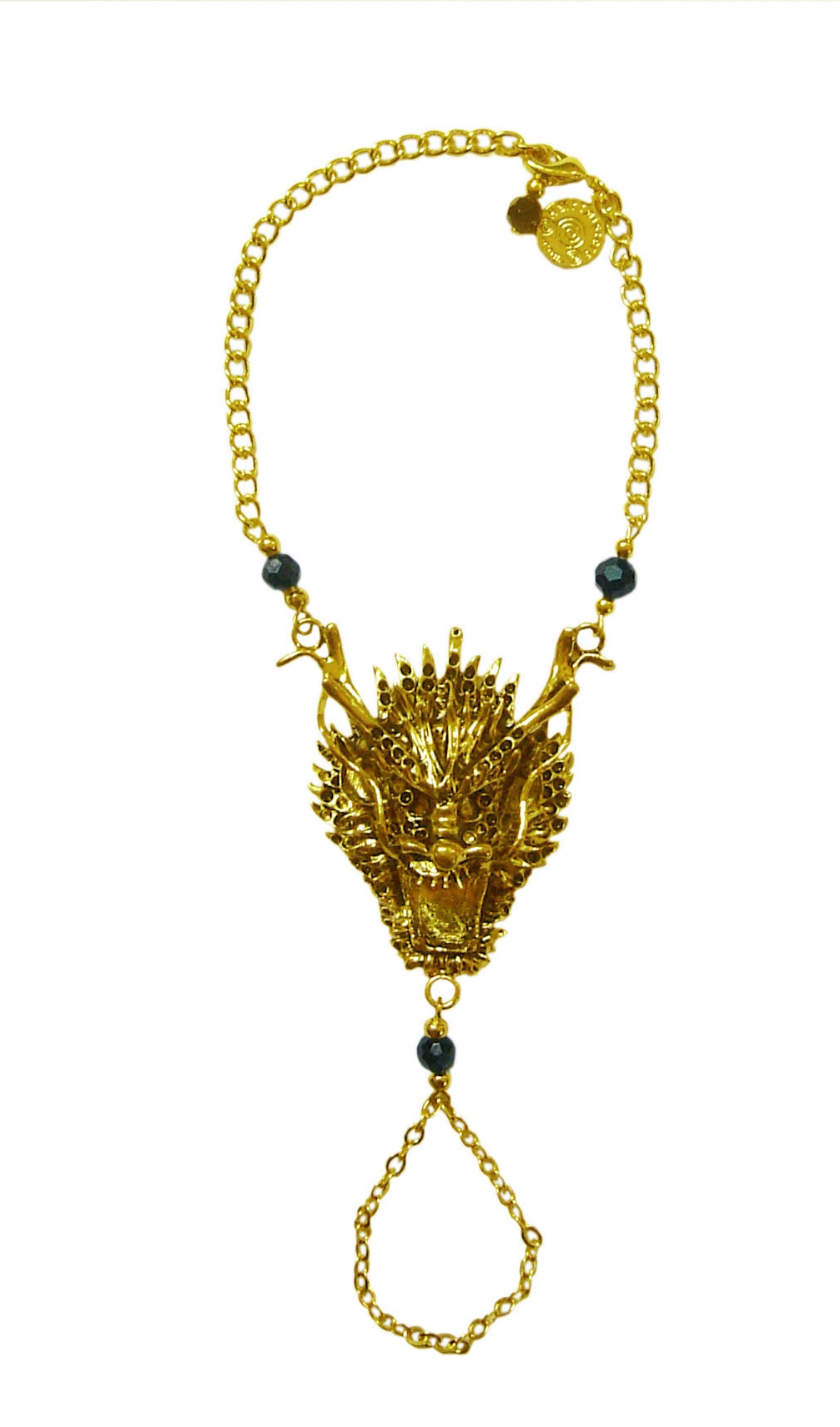 Gold dragon head hand chain finger bracelet with dark bead accents