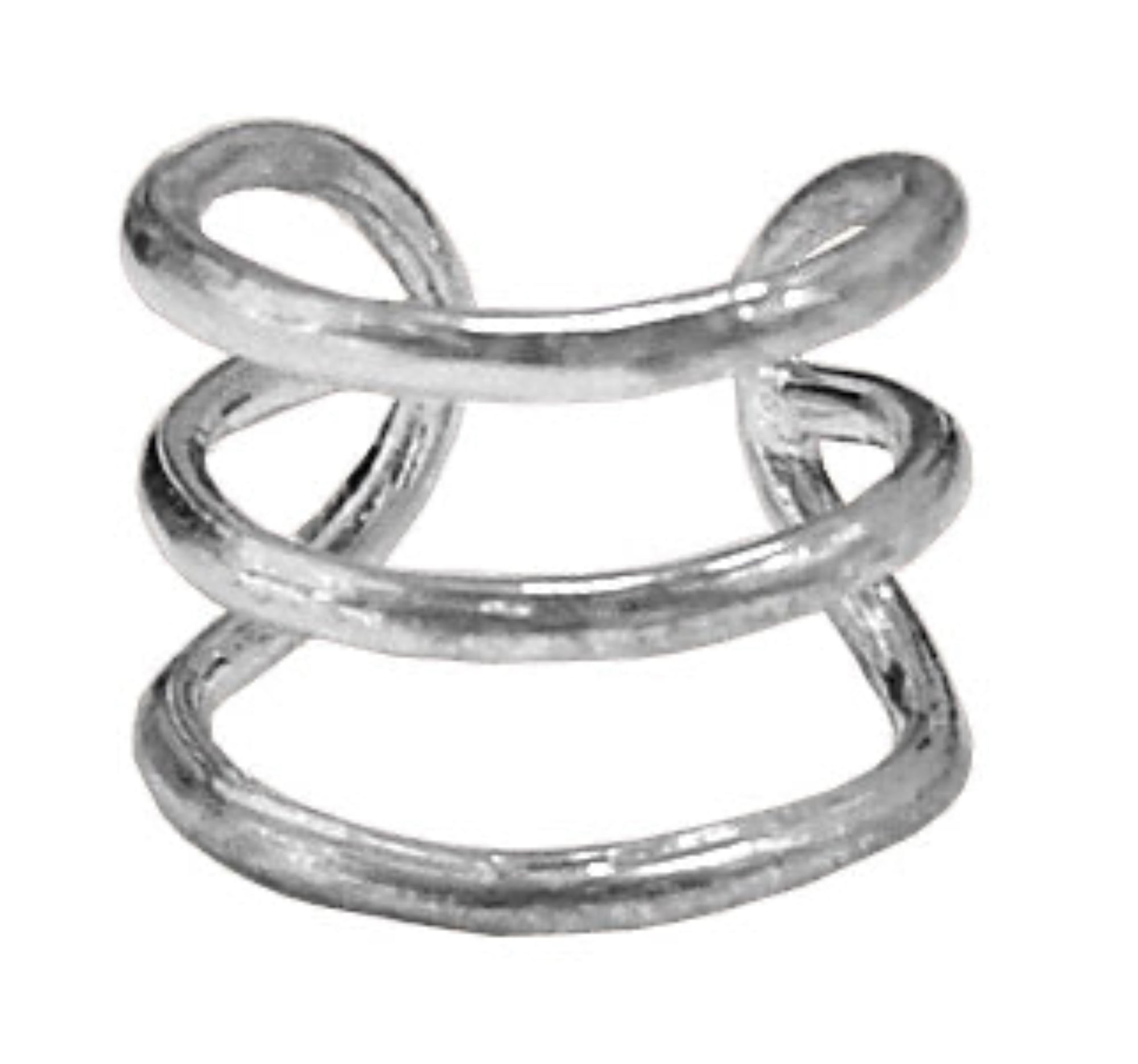 Silver triple strand ear cuff with smooth polished finish, adjustable non-piercing design, front view